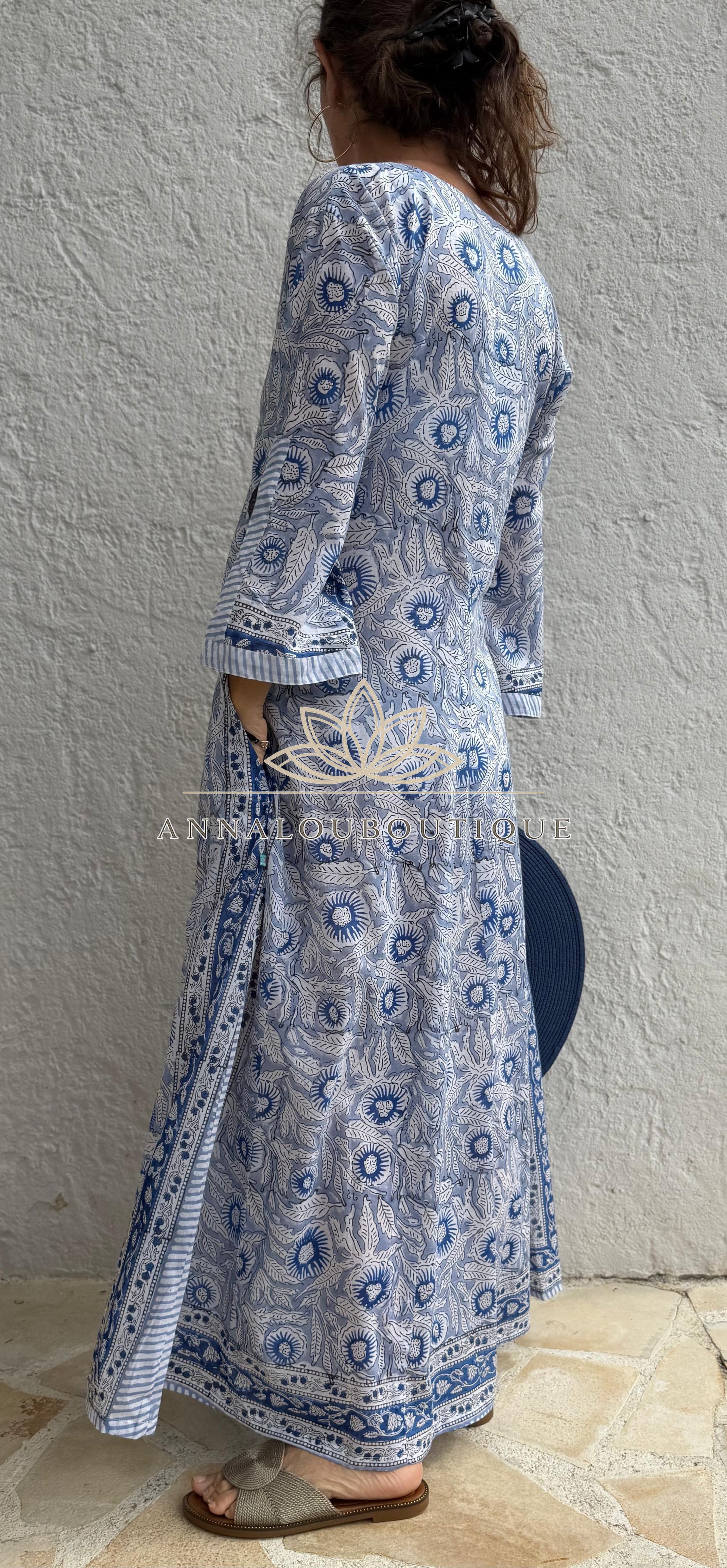 Long Soft Cotton Kaftan – Blue Floral Boho Summer Dress, Flowy Beach Resort Wear Annalou Design