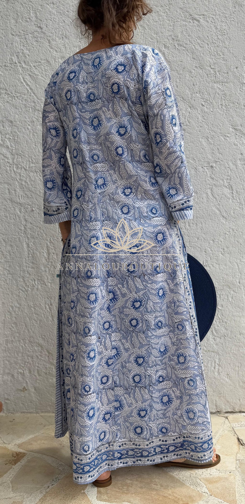 Long Soft Cotton Kaftan – Blue Floral Boho Summer Dress, Flowy Beach Resort Wear Annalou Design