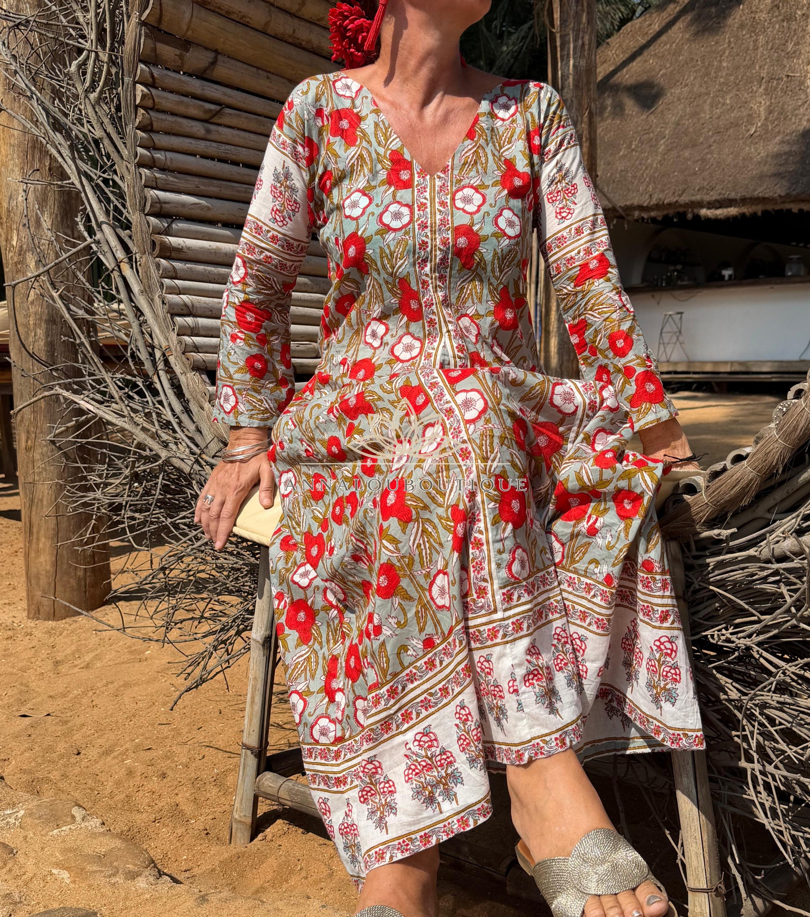 long kaftan in soft cotton,poppy pattern,red & green color,summer boho chic dress. Annalou Design