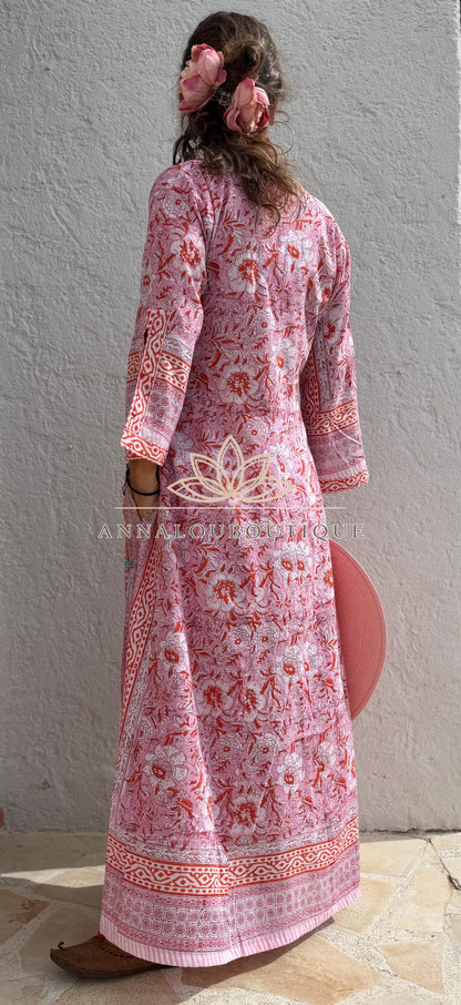 Langer ausgestellter Baumwollkaftan mit rosa und orangefarbenen Blumen