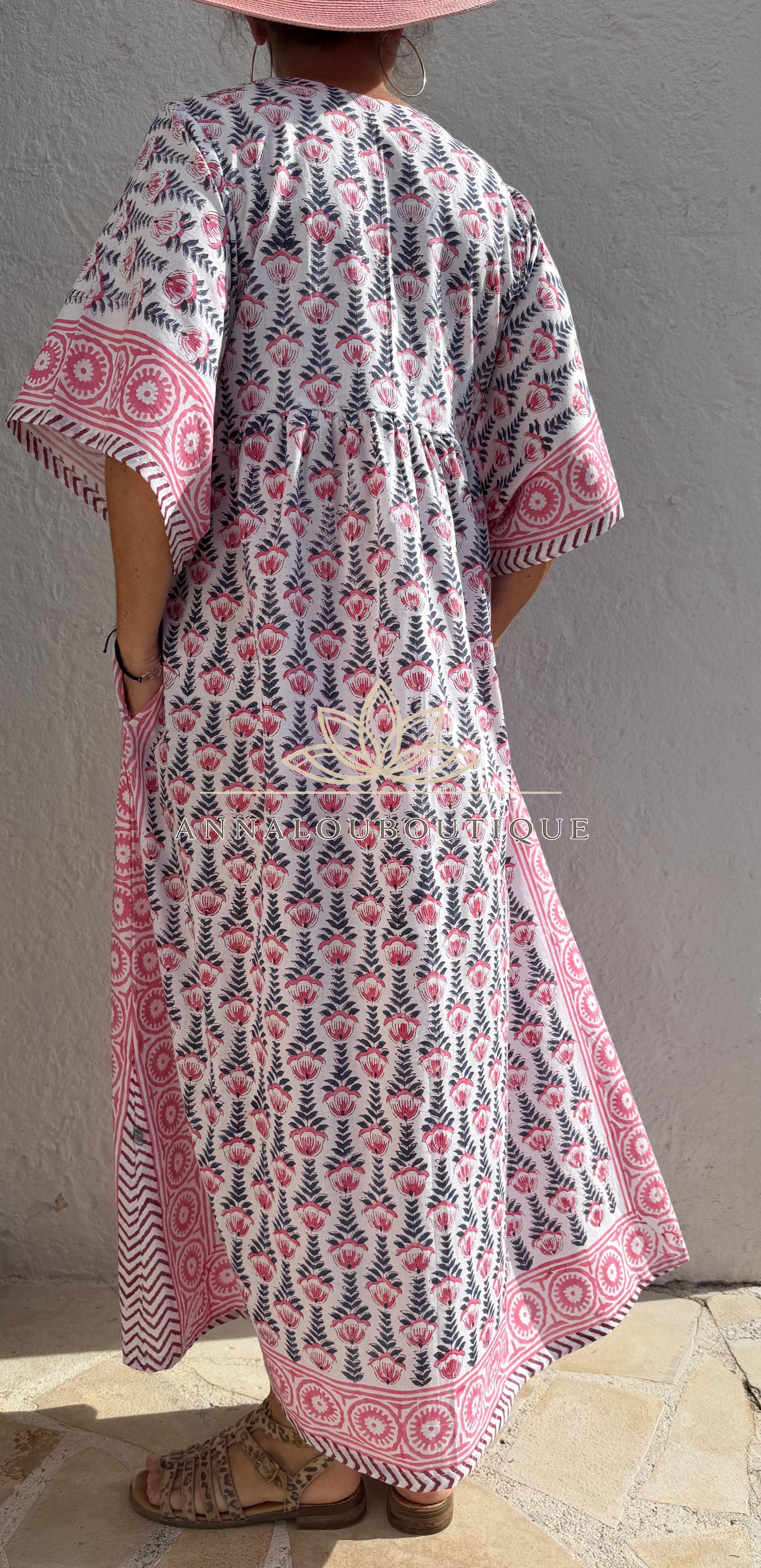 Oversized Cotton Dress – Hand Block Print Boho Dress, Soft Cotton Summer Outfit, Navy Blue Pattern Dress with Pink Border, Maxi Dress Annalou Design