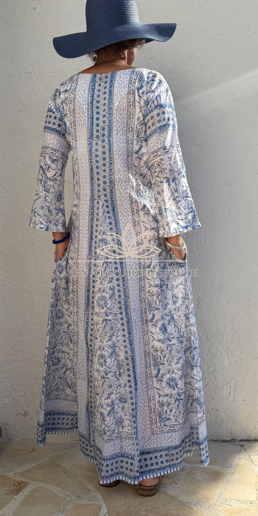 Long Soft Cotton Kaftan – Light Blue Floral Beach Cover Up, Flowy Boho Summer Dress, Breathable Cotton Resort Wear, Handmade Fashion Annalou Design
