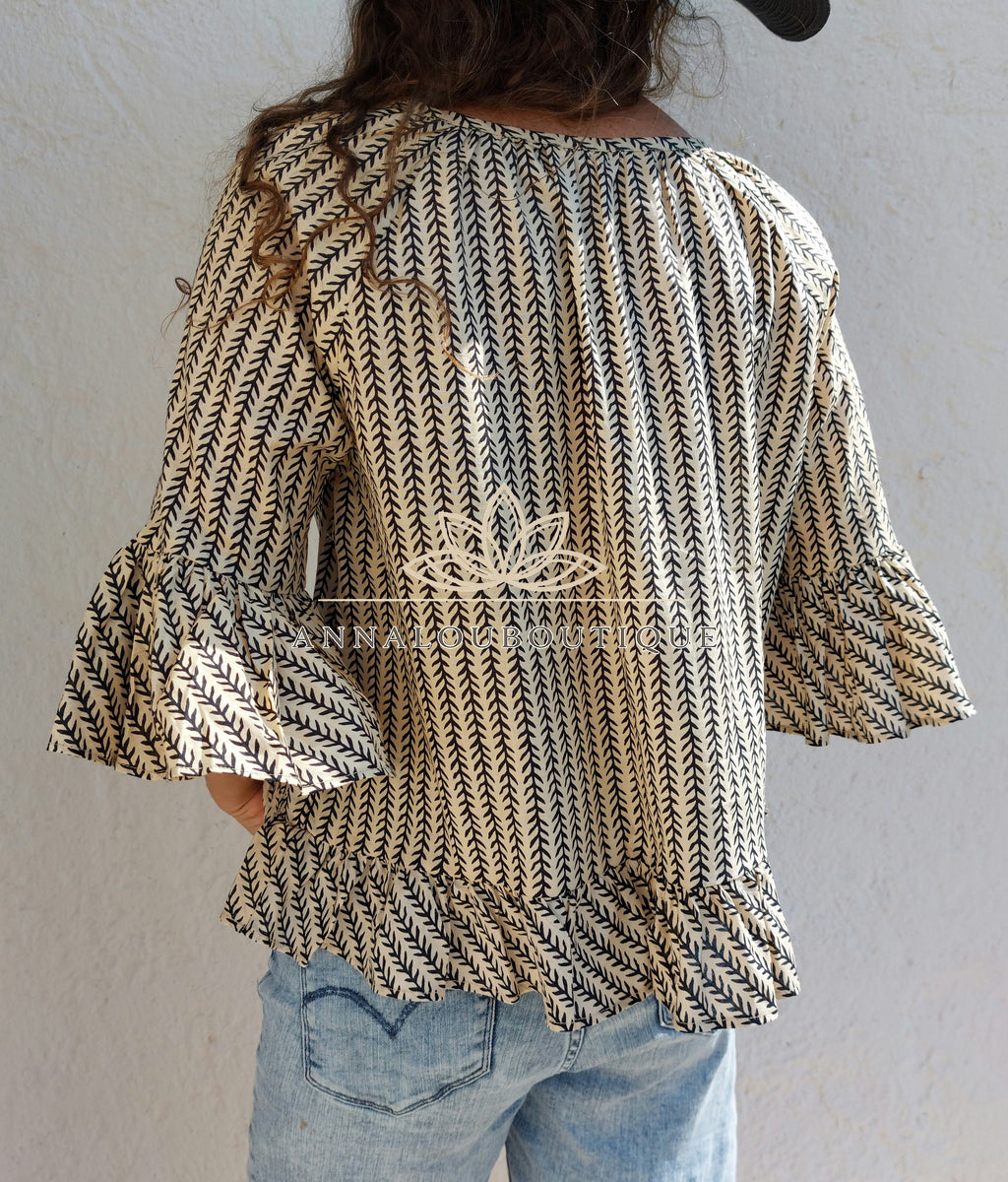 Hippie Chic Cotton Top – Black & Beige Ruffled Blouse, Limited Series Annalou Design