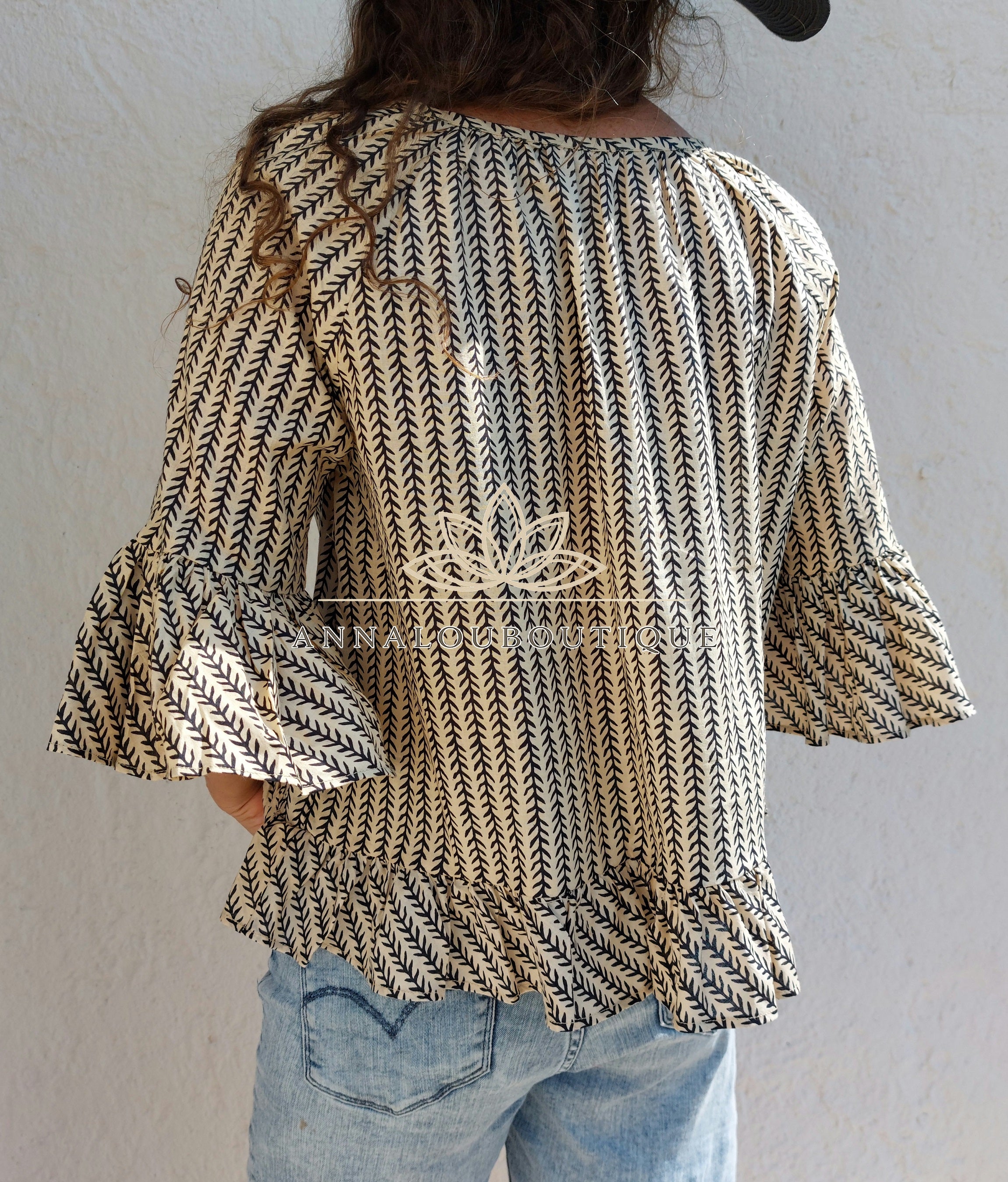 Hippie Chic Cotton Top – Black & Beige Ruffled Blouse, Limited Series Annalou Design