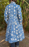 Boheme Chic Quilted Coat – Blue Floral Frock Coat with Striped Lining & Shell Buttons Annalou Design