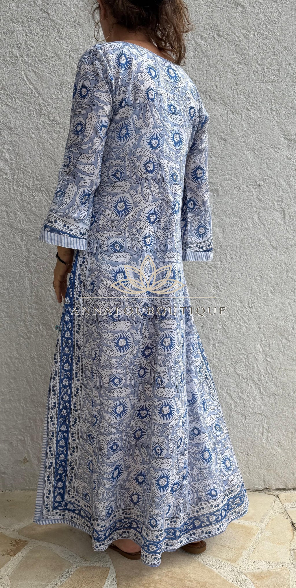 Long Soft Cotton Kaftan – Blue Floral Boho Summer Dress, Flowy Beach Resort Wear Annalou Design