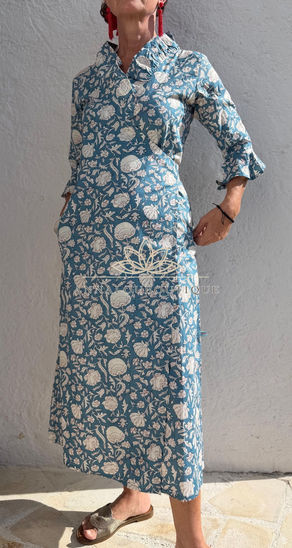 Long Floral Wrap Dress – Blue Grey Boho Chic Maxi Dress, Flowy Cotton Summer Resort Wear Annalou Design