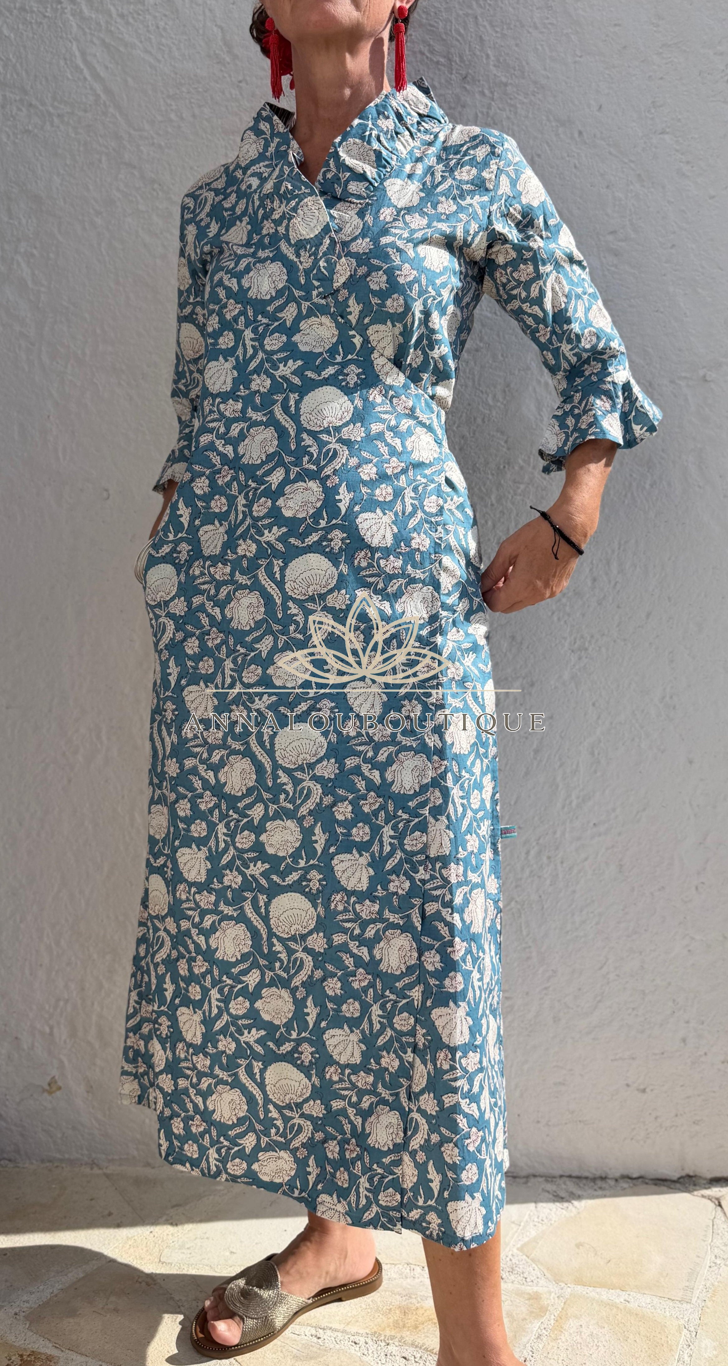 Long Floral Wrap Dress – Blue Grey Boho Chic Maxi Dress, Flowy Cotton Summer Resort Wear Annalou Design