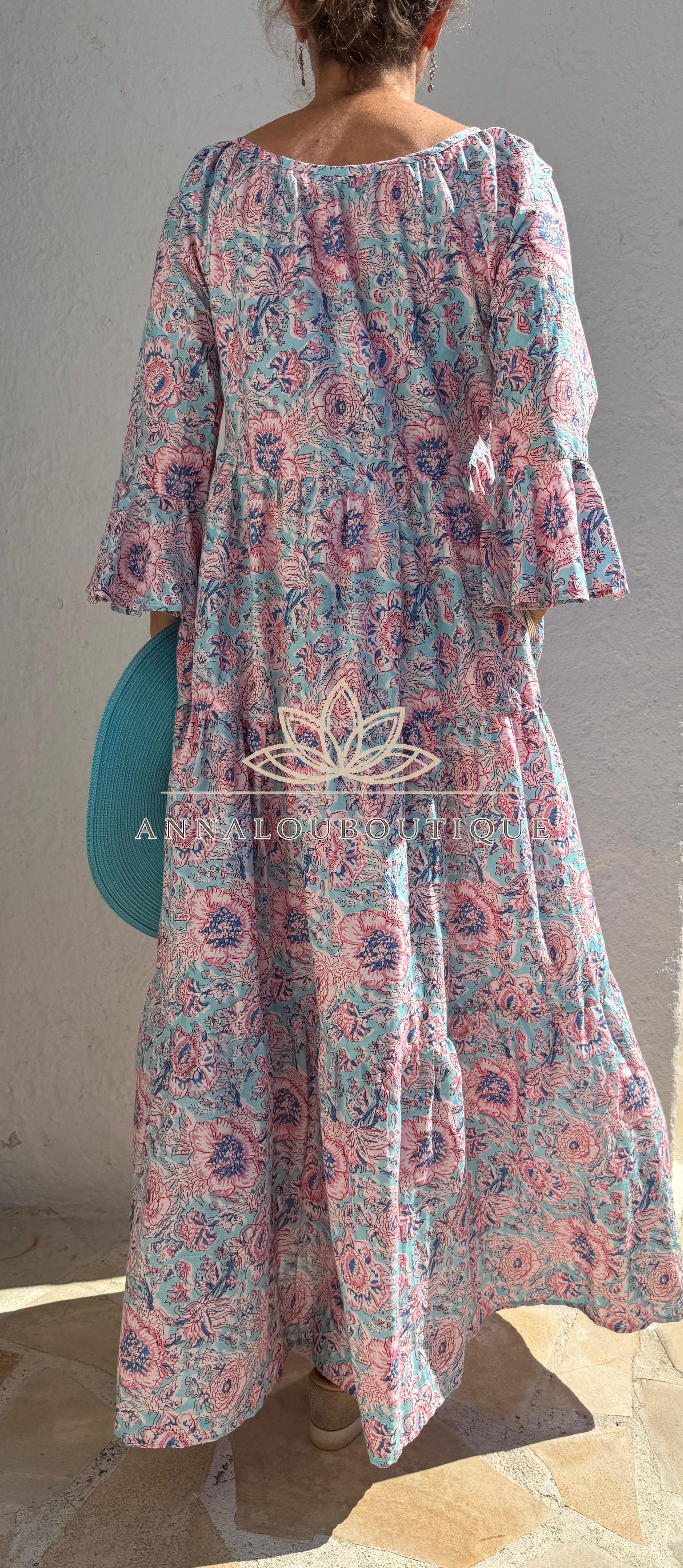 Turquoise Pastel Floral Maxi Dress – Soft Cotton Boho Chic Summer Dress, Flowy Resort & Holiday Wear