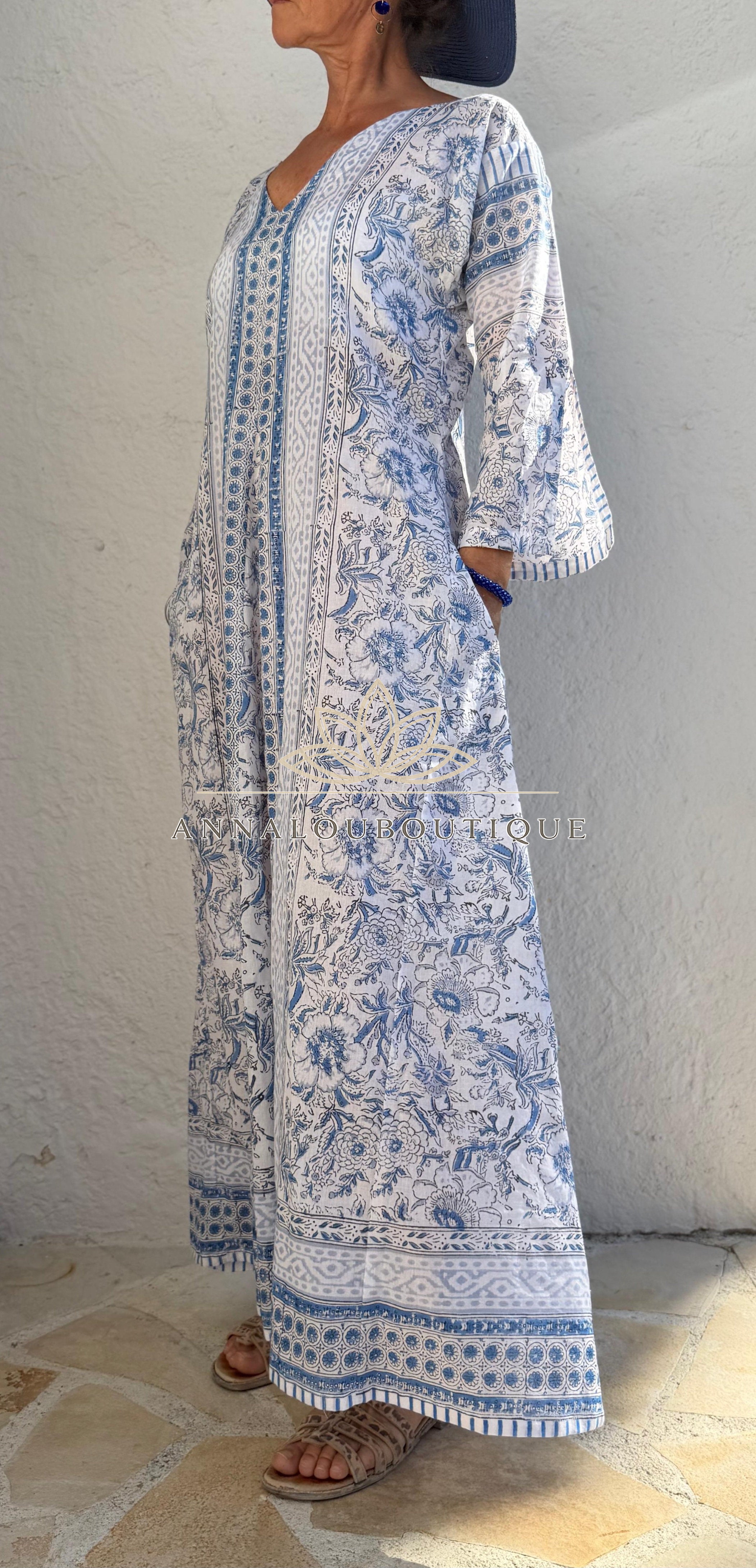 Long Soft Cotton Kaftan – Light Blue Floral Beach Cover Up, Flowy Boho Summer Dress, Breathable Cotton Resort Wear, Handmade Fashion Annalou Design