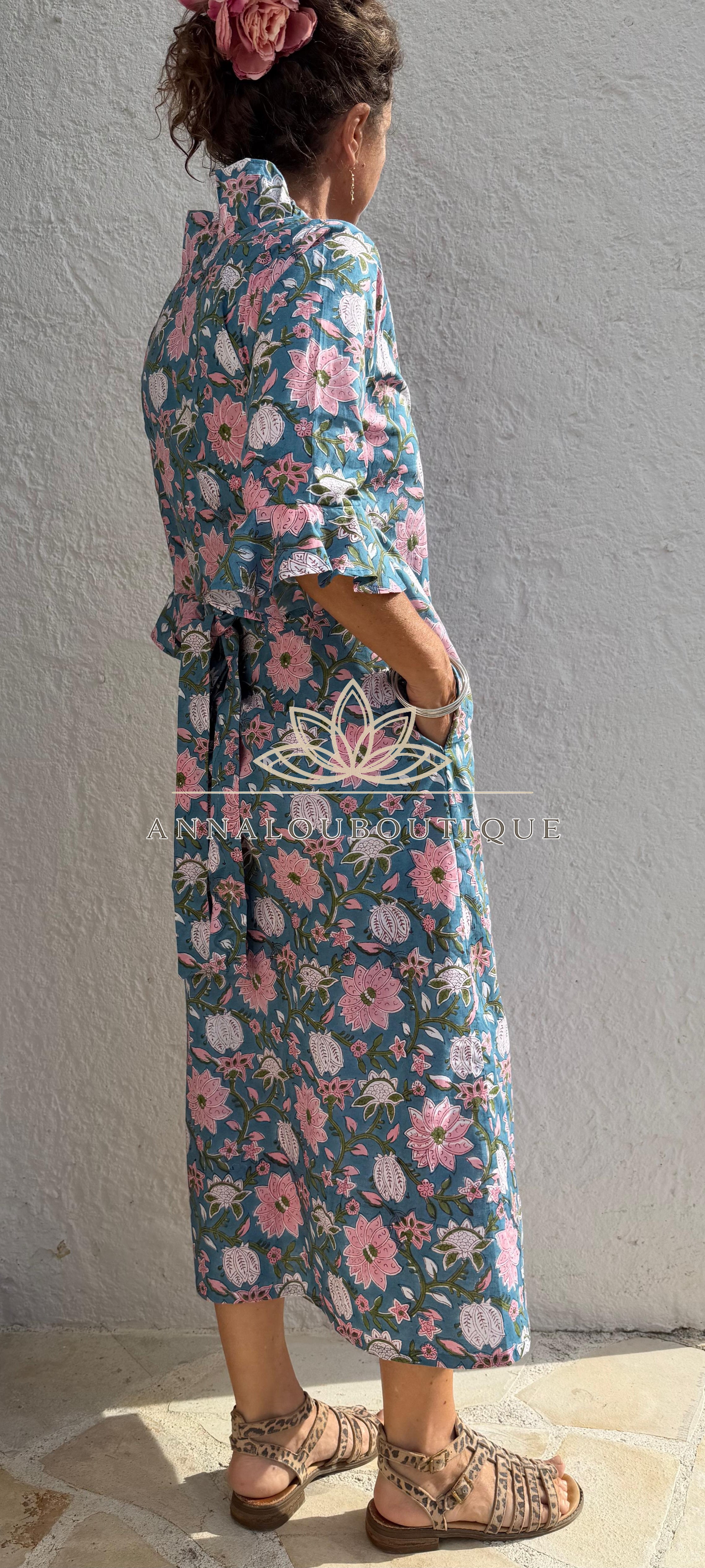 long wrap dress in cotton,floral print with pink flowers,ruffled collar,3/4 sleeves with ruffles,kimono shape, hippie chic dress,teal color Annalou Design