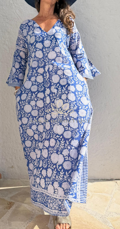 Long navy floral cotton kaftan