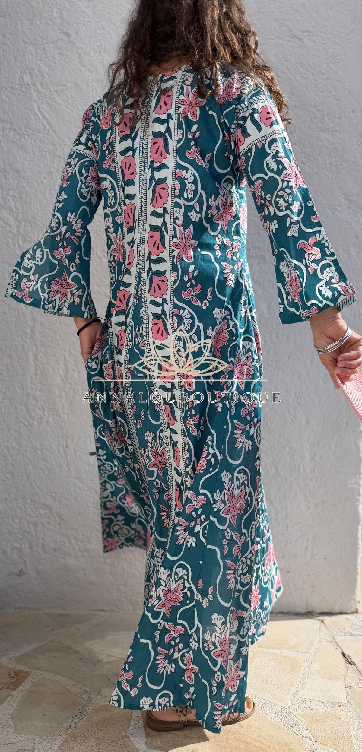 Long flared cotton kaftan in teal and pink