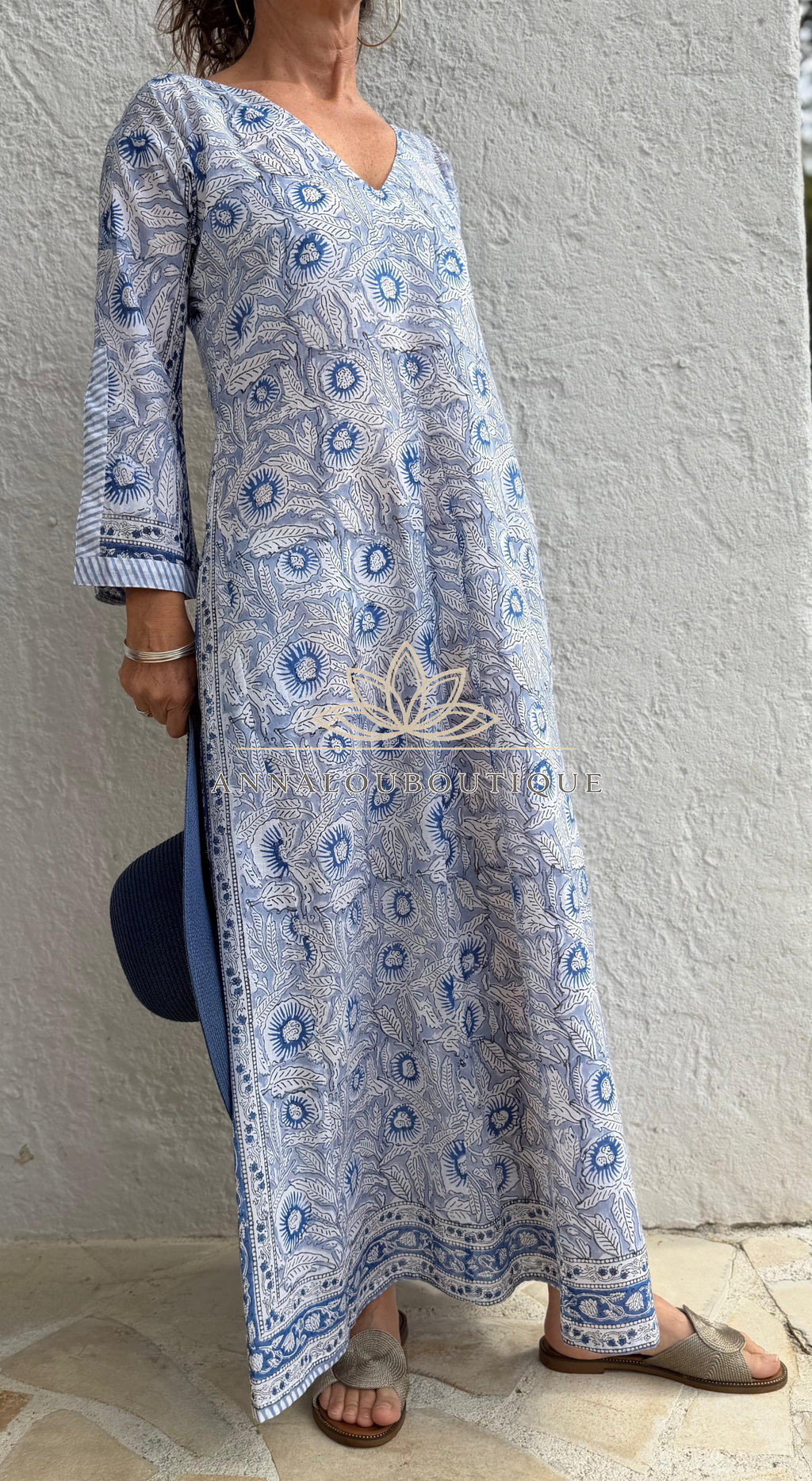 Long Soft Cotton Kaftan – Blue Floral Boho Summer Dress, Flowy Beach Resort Wear Annalou Design