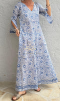 Long Soft Cotton Kaftan – Blue Floral Boho Summer Dress, Flowy Beach Resort Wear Annalou Design