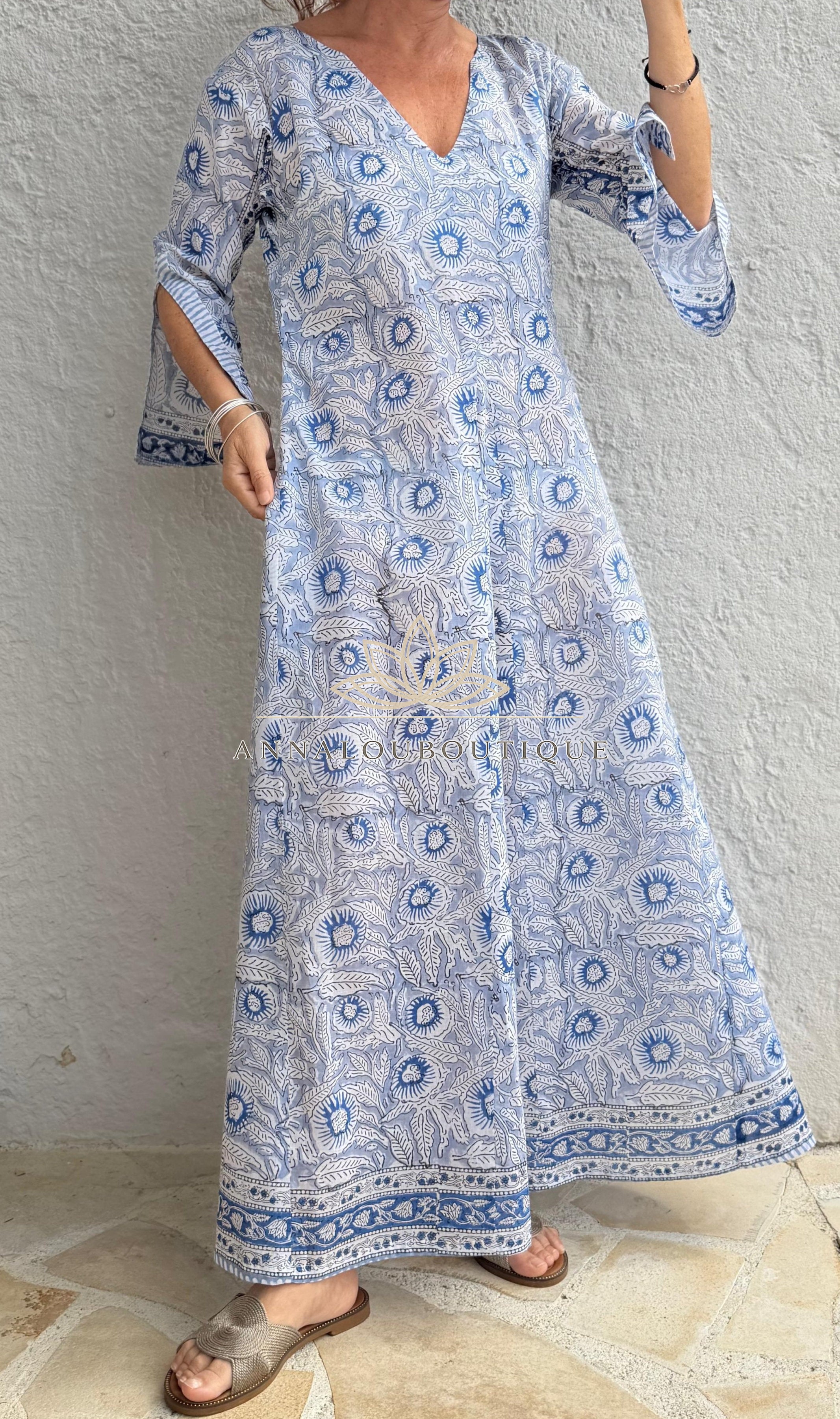 Long Soft Cotton Kaftan – Blue Floral Boho Summer Dress, Flowy Beach Resort Wear Annalou Design