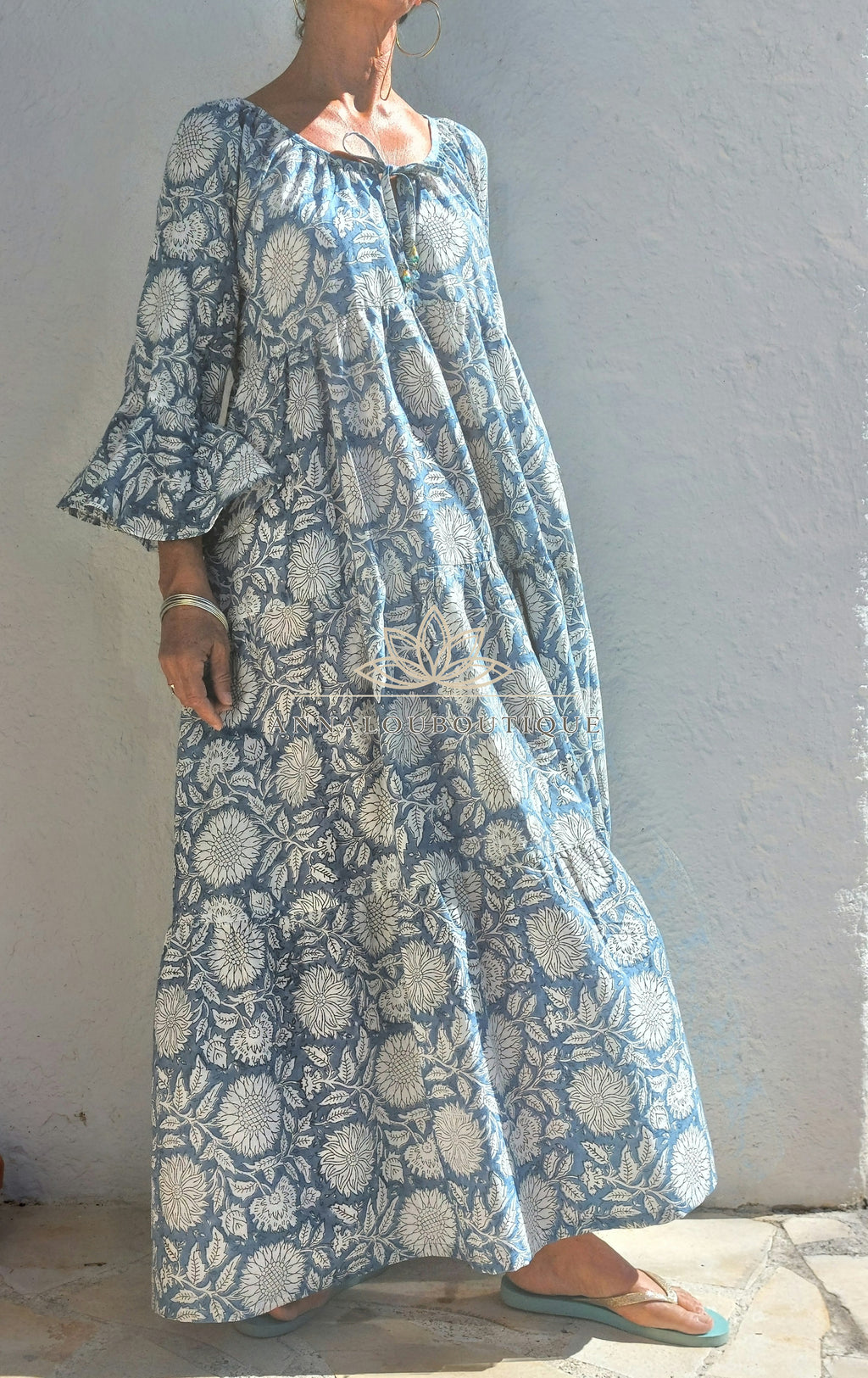 Boheme Chic Cotton Maxi Dress – Blue Grey Summer Dress with Ruffled Sleeves Annalou Design