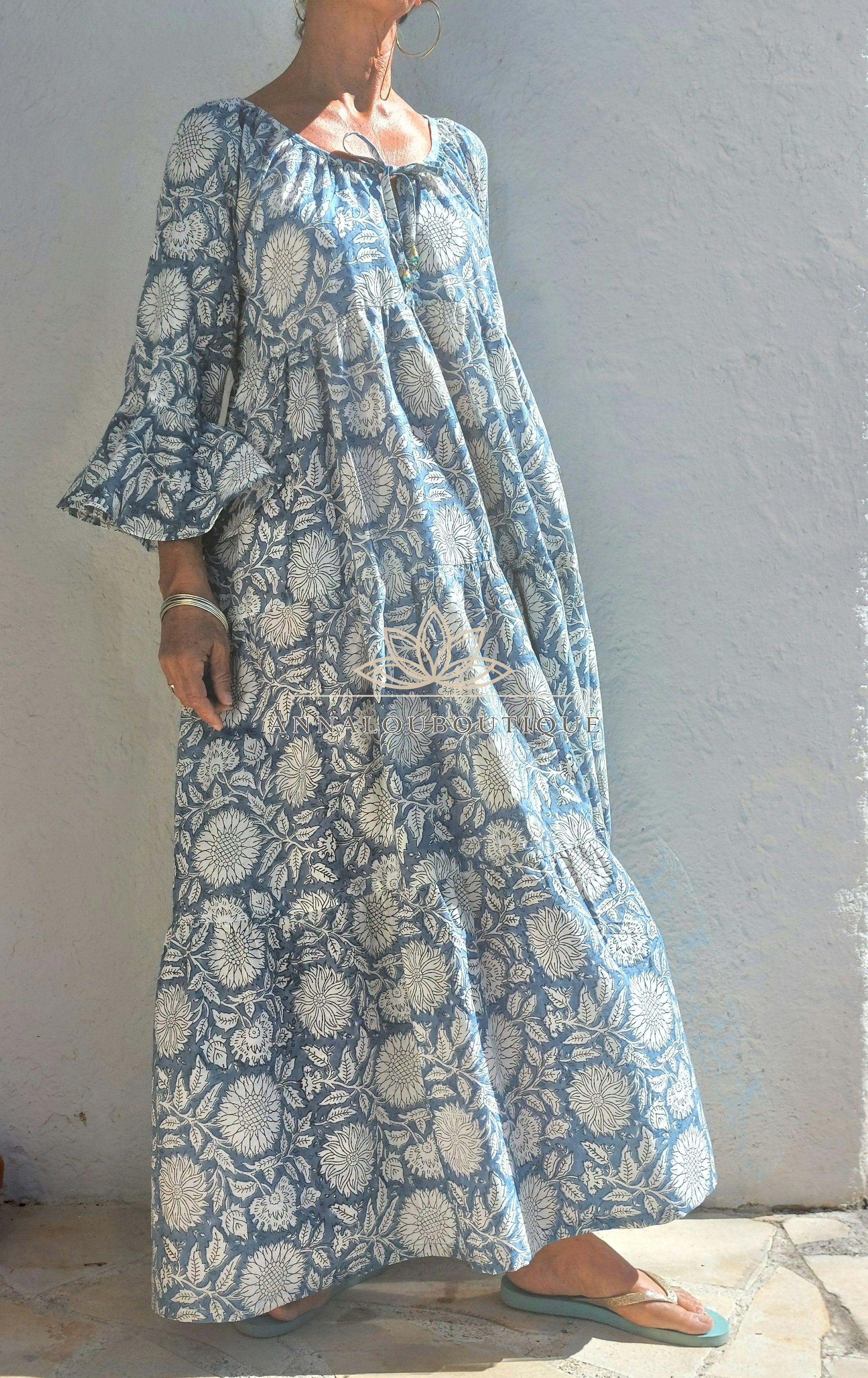 Boheme Chic Cotton Maxi Dress – Blue Grey Summer Dress with Ruffled Sleeves Annalou Design