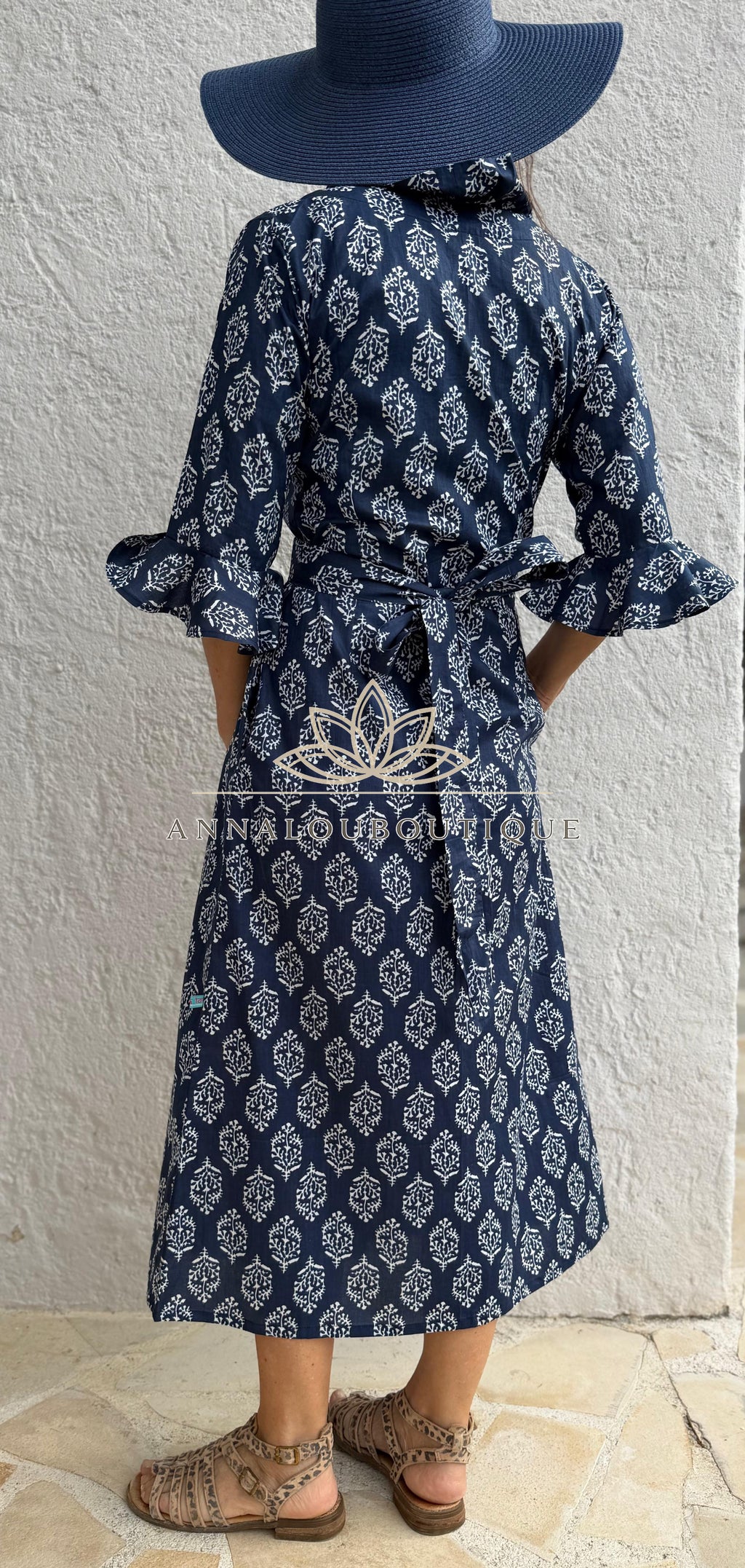 Long Cotton Wrap Dress – Navy Blue Diamond Print Boho Maxi Dress, Ruffled Collar 3/4 Sleeve Wedding Guest Dress Annalou Design