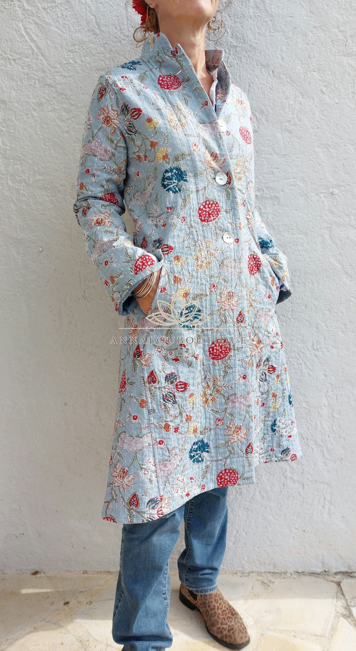 Manteau redingote en coton fleuri bleu gris