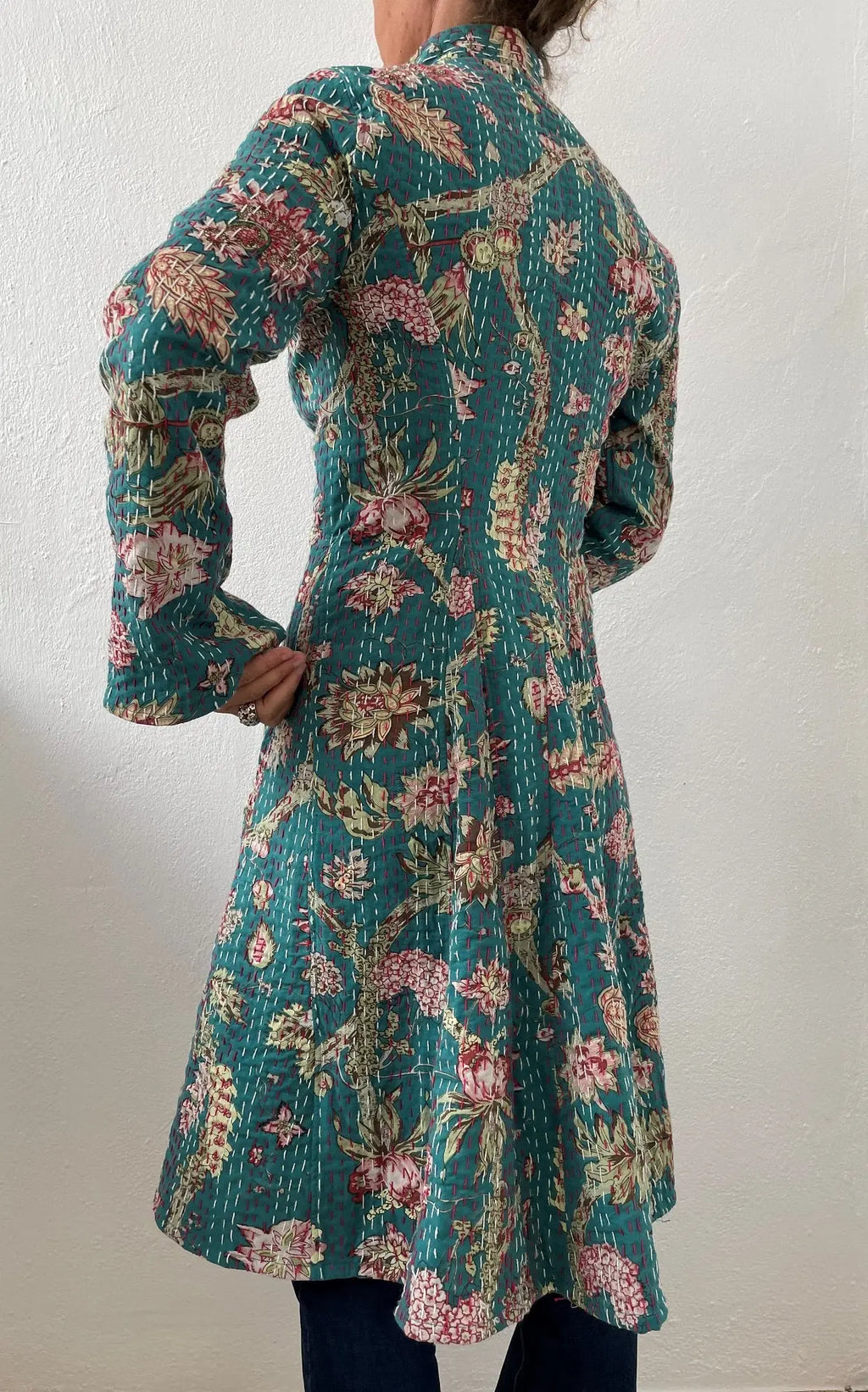 Boheme Chic Floral Coat – Teal Cotton Long Jacket with Pink Hydrangea Print Annalou Design