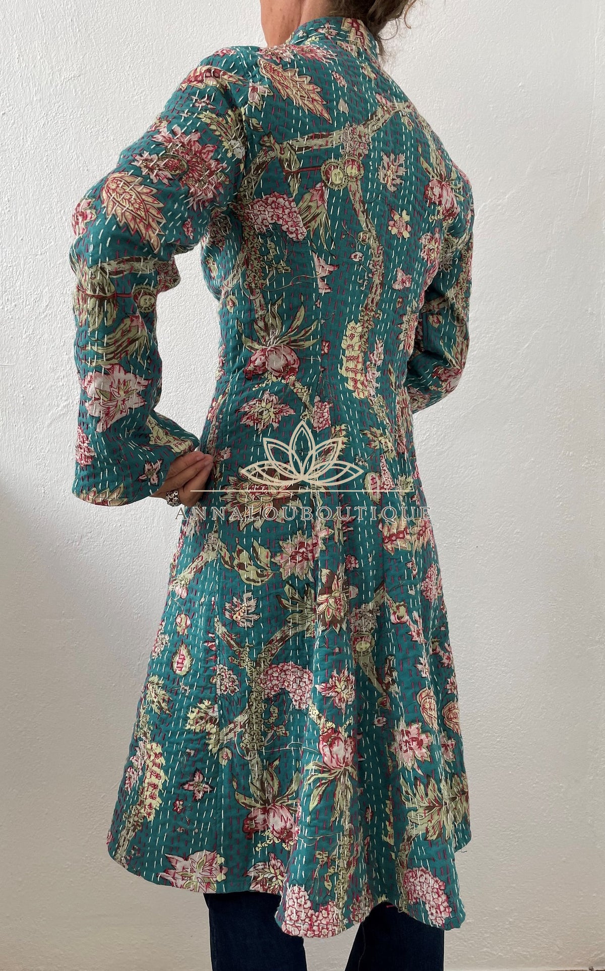 Teal frock coat with pink hydrangeas
