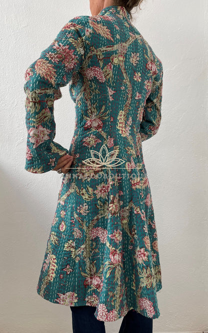 Teal frock coat with pink hydrangeas
