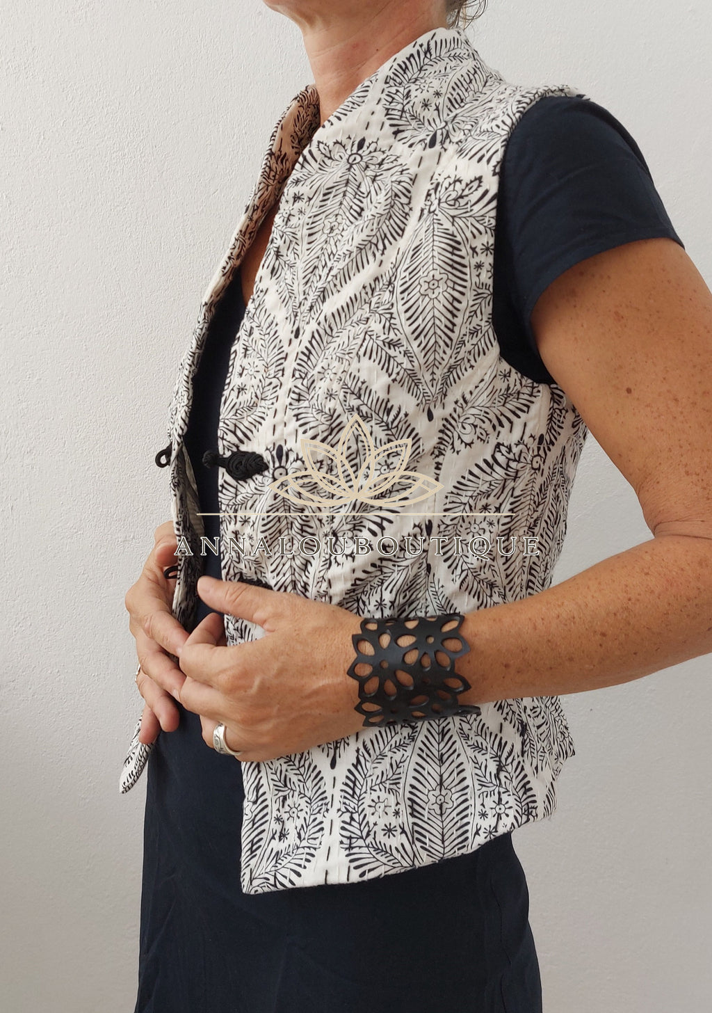 Hippie Chic Cotton Waistcoat – Fitted Corset Vest with Black Brandenburg Closures Annalou Design