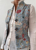 Boho Cotton Waistcoat – Corset Style Fitted Vest, Grey Floral Print, Brandenburg Closure Waistcoat, Chic Artisan Women’s Top Annalou Design