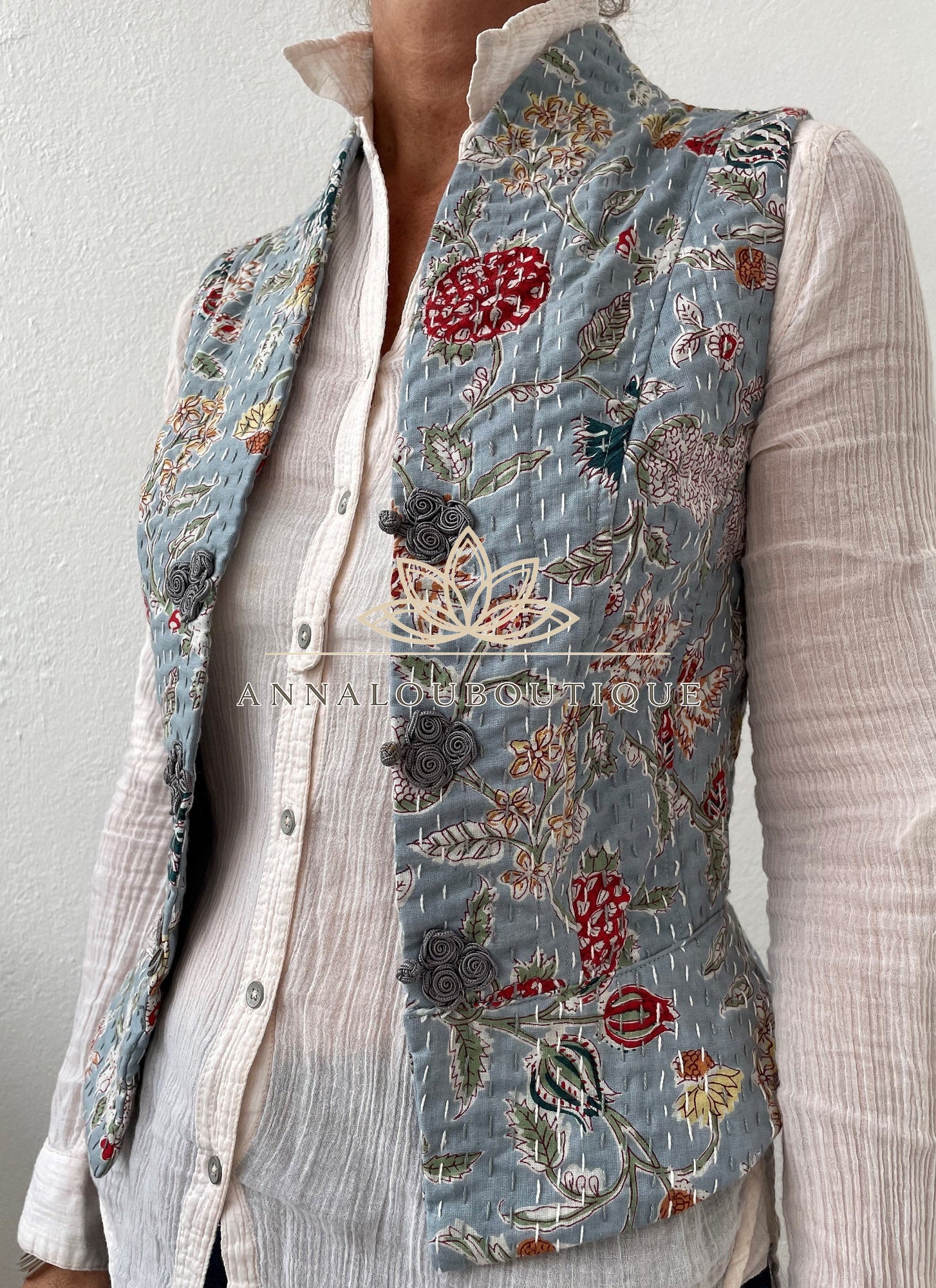 Boho Cotton Waistcoat – Corset Style Fitted Vest, Grey Floral Print, Brandenburg Closure Waistcoat, Chic Artisan Women’s Top Annalou Design