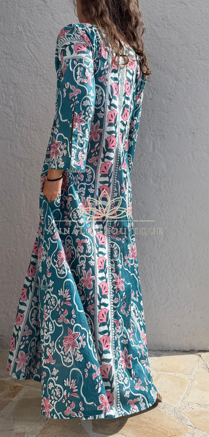 Long flared cotton kaftan in teal and pink