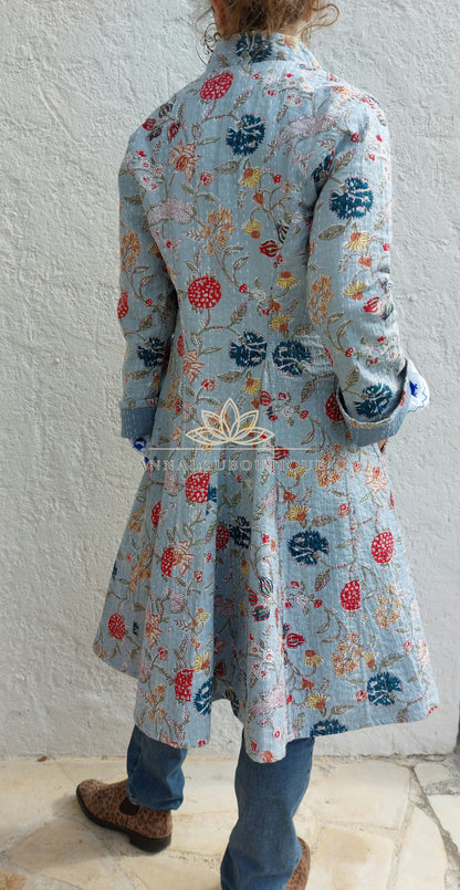 Manteau redingote en coton fleuri bleu gris