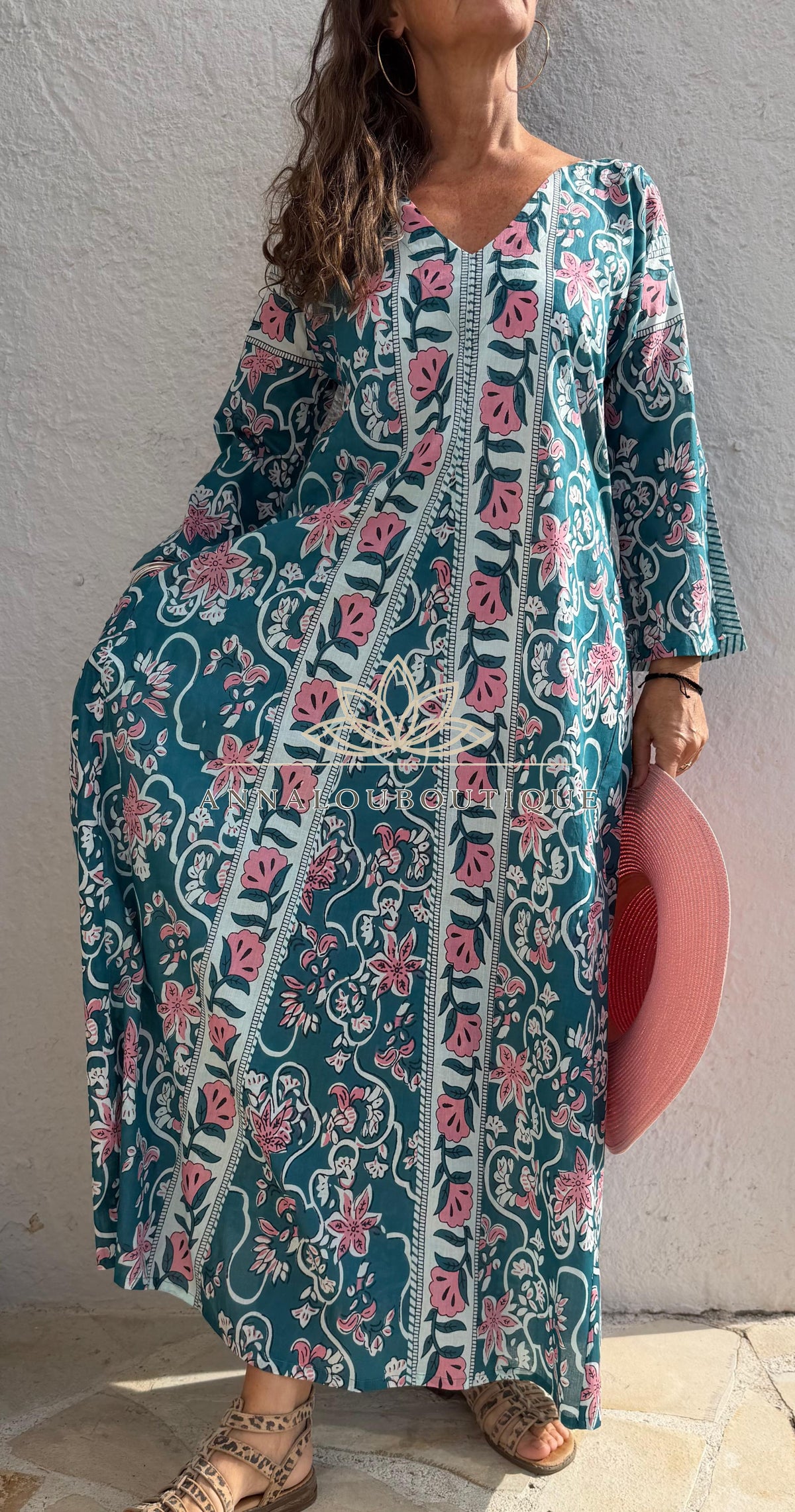 Long flared cotton kaftan in teal and pink