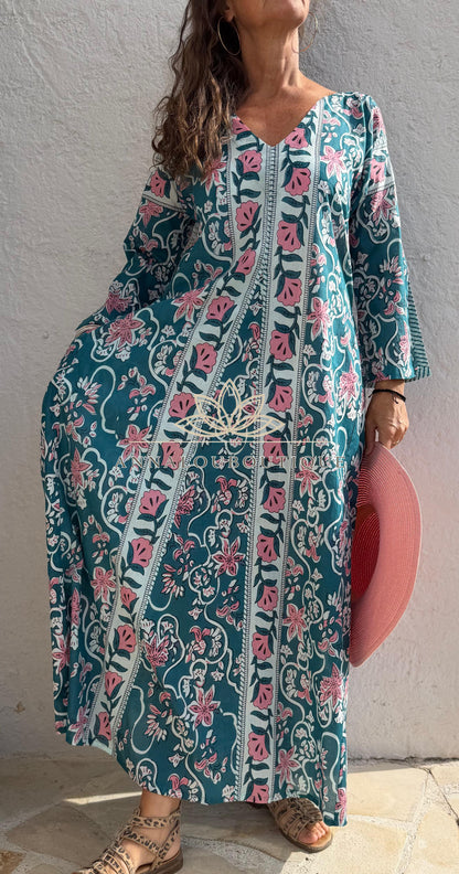 Long flared cotton kaftan in teal and pink
