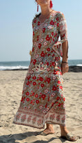 long kaftan in soft cotton,poppy pattern,red & green color,summer boho chic dress. Annalou Design