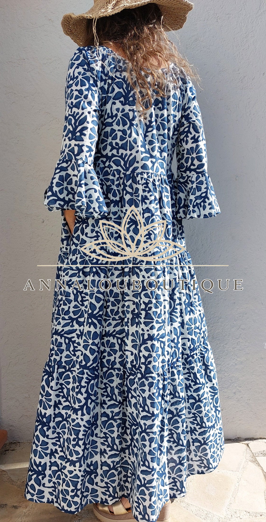 Boheme Chic Cotton Maxi Dress – Navy Blue Summer Outfit Annalou Design