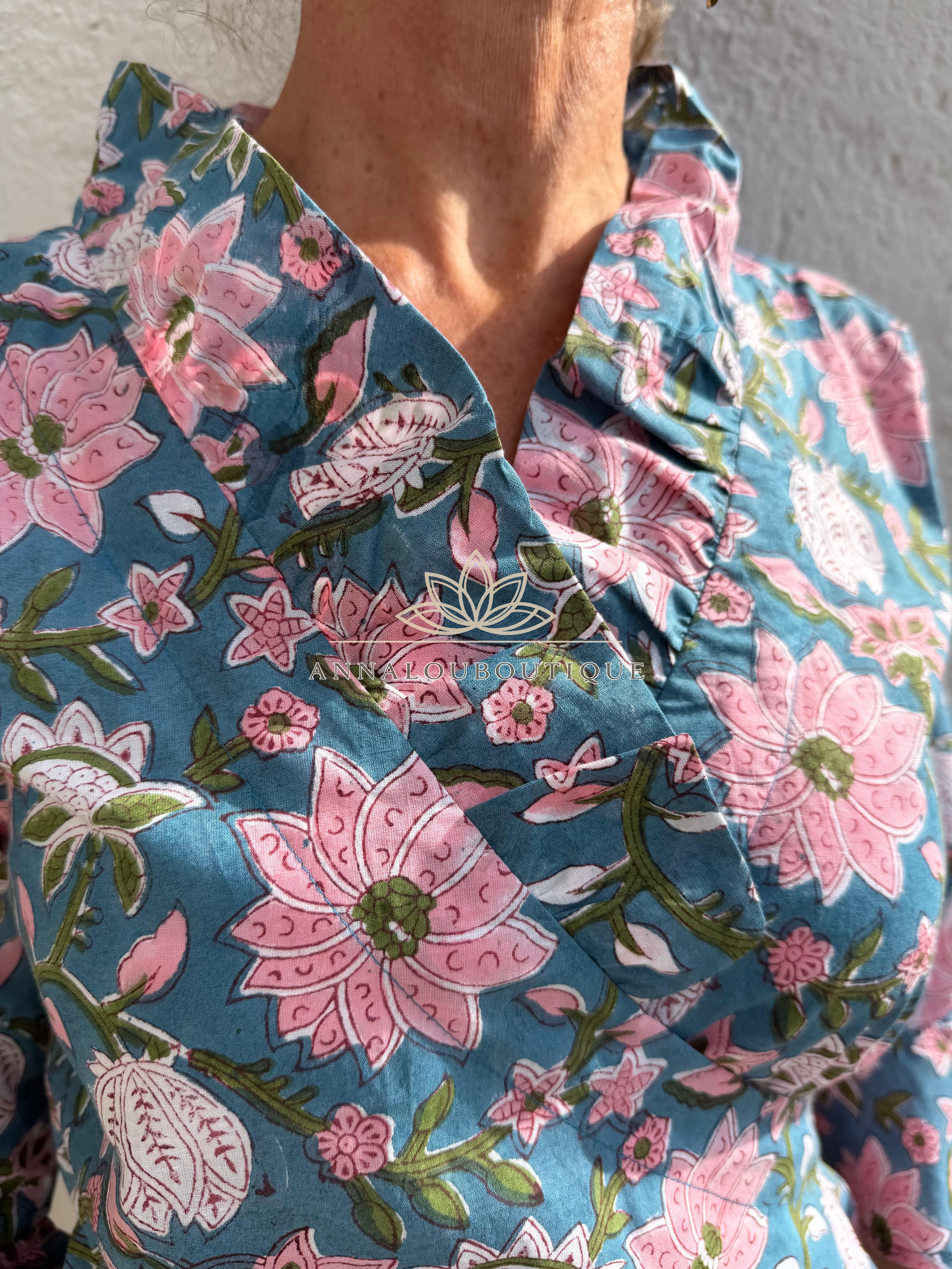 long wrap dress in cotton,floral print with pink flowers,ruffled collar,3/4 sleeves with ruffles,kimono shape, hippie chic dress,teal color Annalou Design