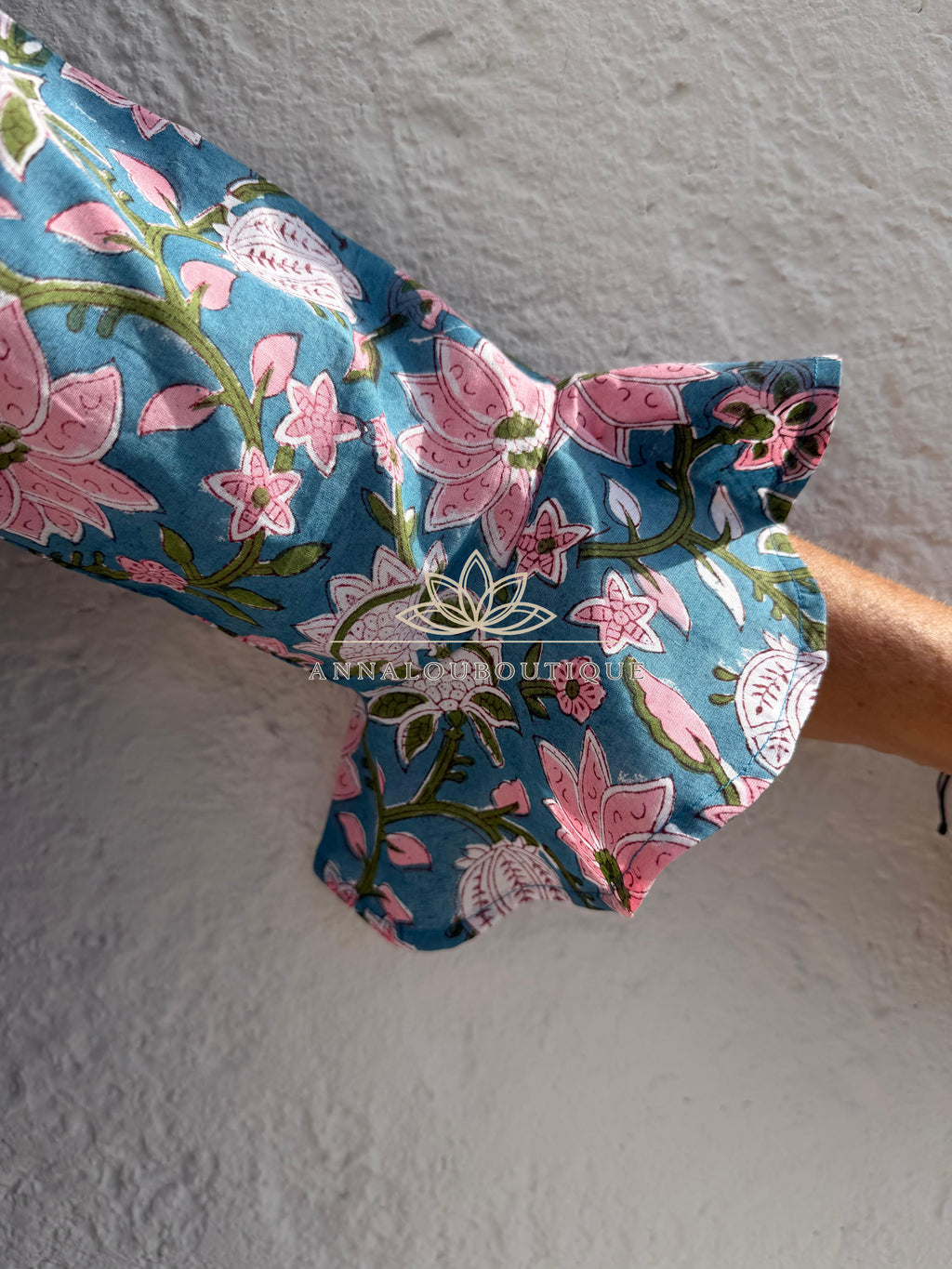 long wrap dress in cotton,floral print with pink flowers,ruffled collar,3/4 sleeves with ruffles,kimono shape, hippie chic dress,teal color Annalou Design