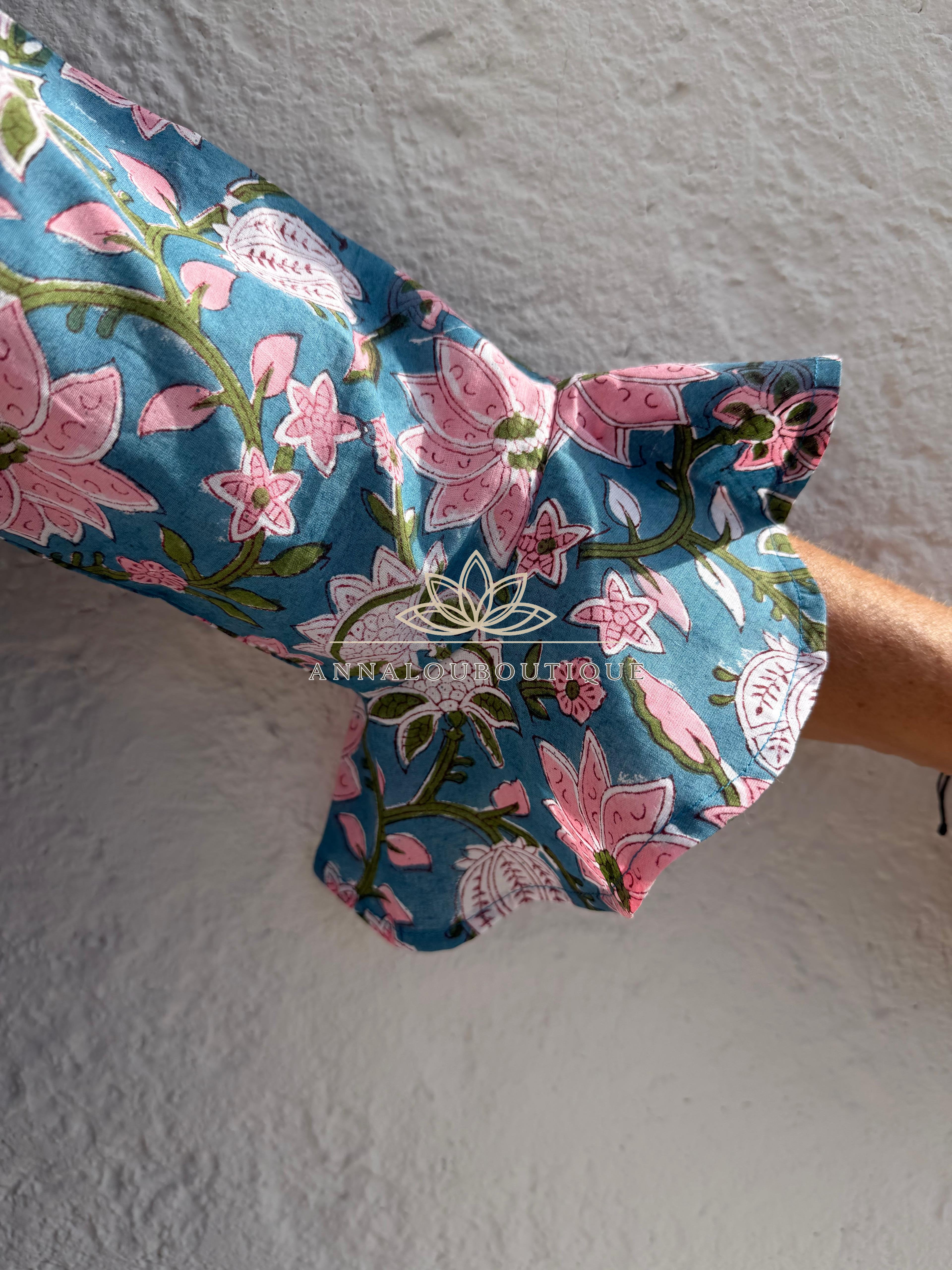 long wrap dress in cotton,floral print with pink flowers,ruffled collar,3/4 sleeves with ruffles,kimono shape, hippie chic dress,teal color Annalou Design