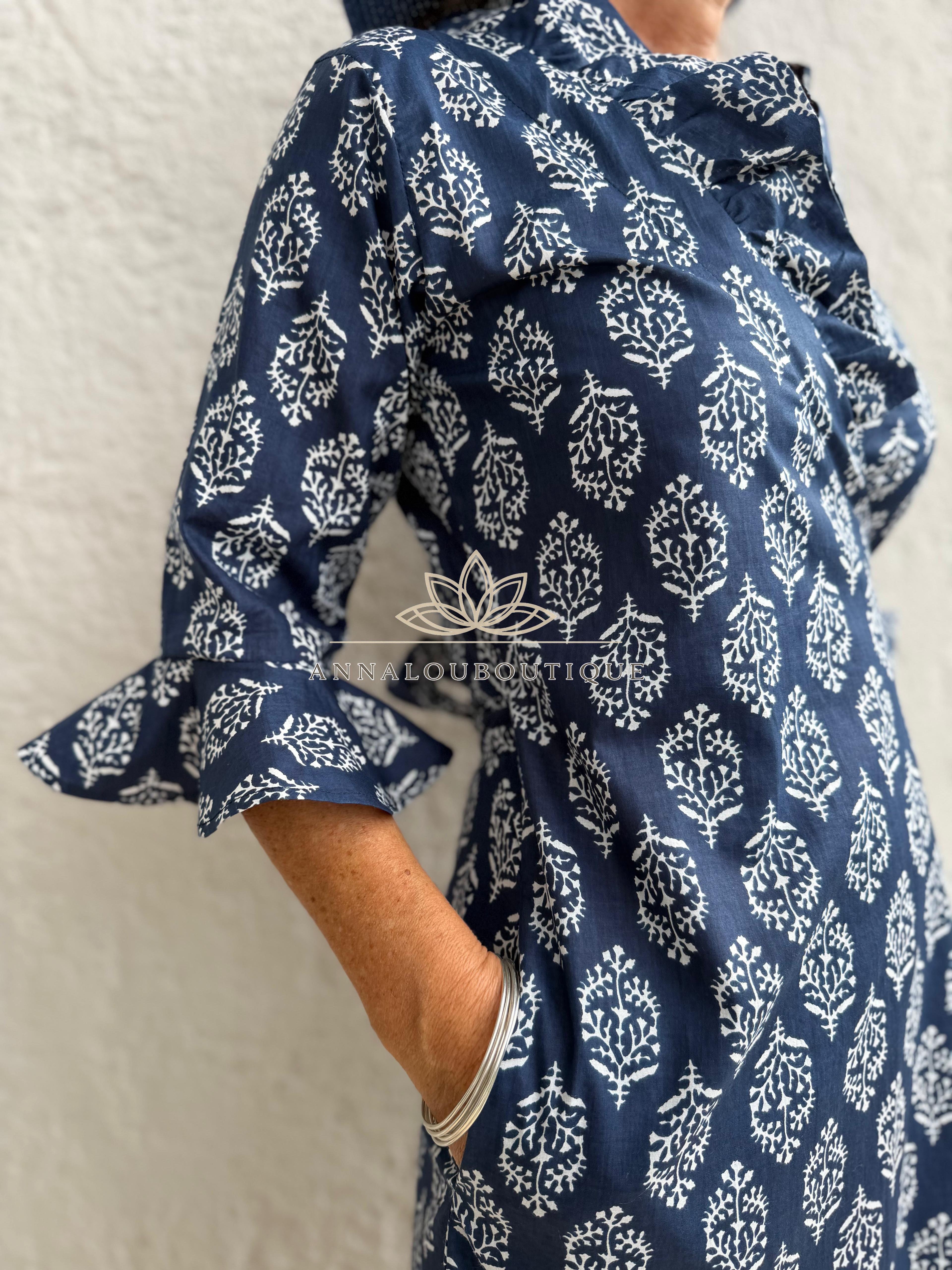Long Cotton Wrap Dress – Navy Blue Diamond Print Boho Maxi Dress, Ruffled Collar 3/4 Sleeve Wedding Guest Dress Annalou Design