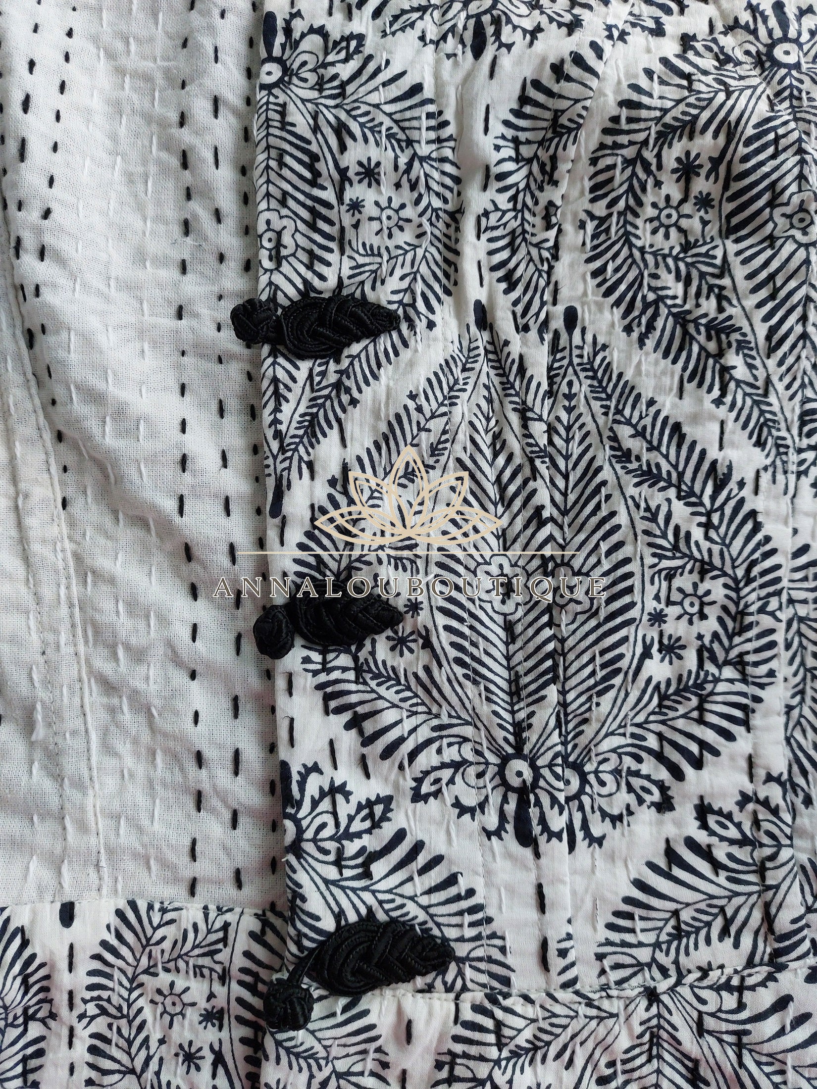 Hippie Chic Cotton Waistcoat – Fitted Corset Vest with Black Brandenburg Closures Annalou Design