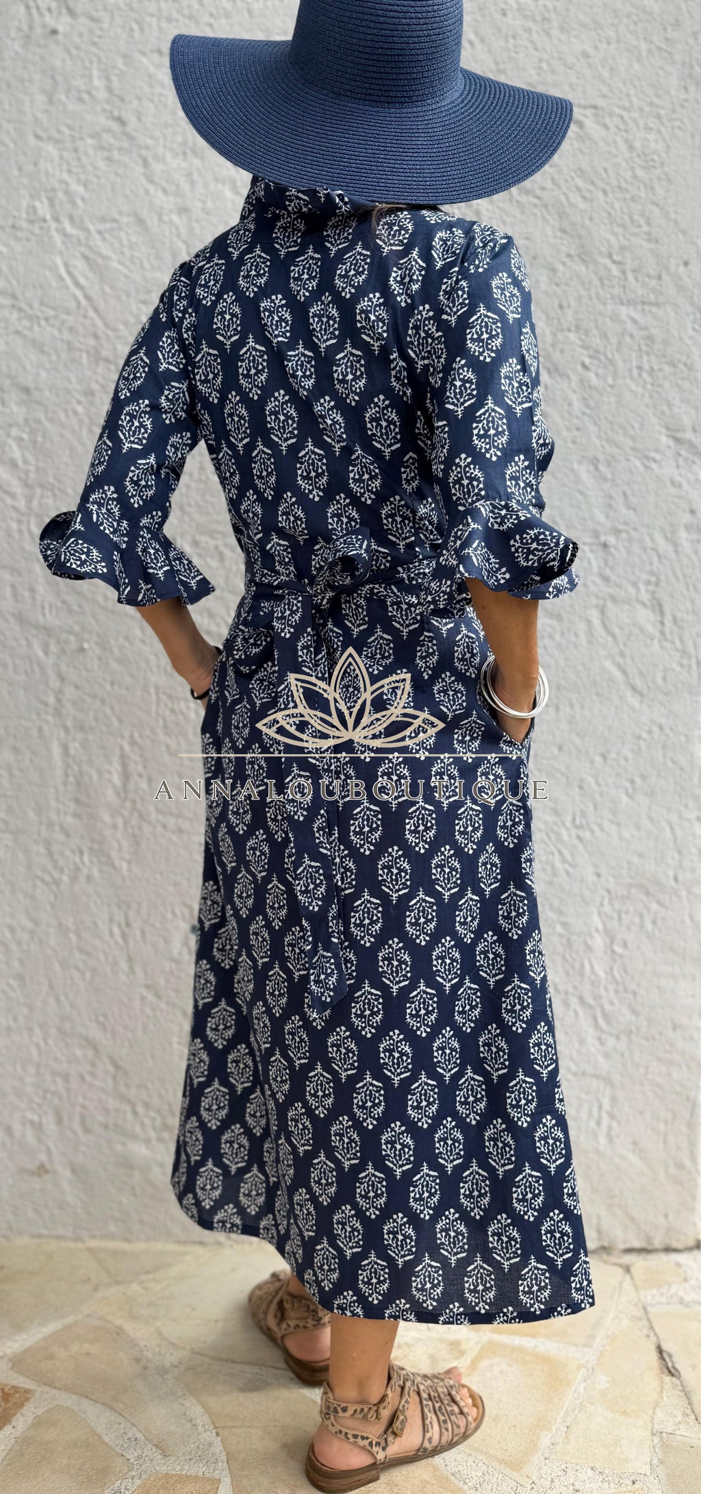 Long Cotton Wrap Dress – Navy Blue Diamond Print Boho Maxi Dress, Ruffled Collar 3/4 Sleeve Wedding Guest Dress Annalou Design
