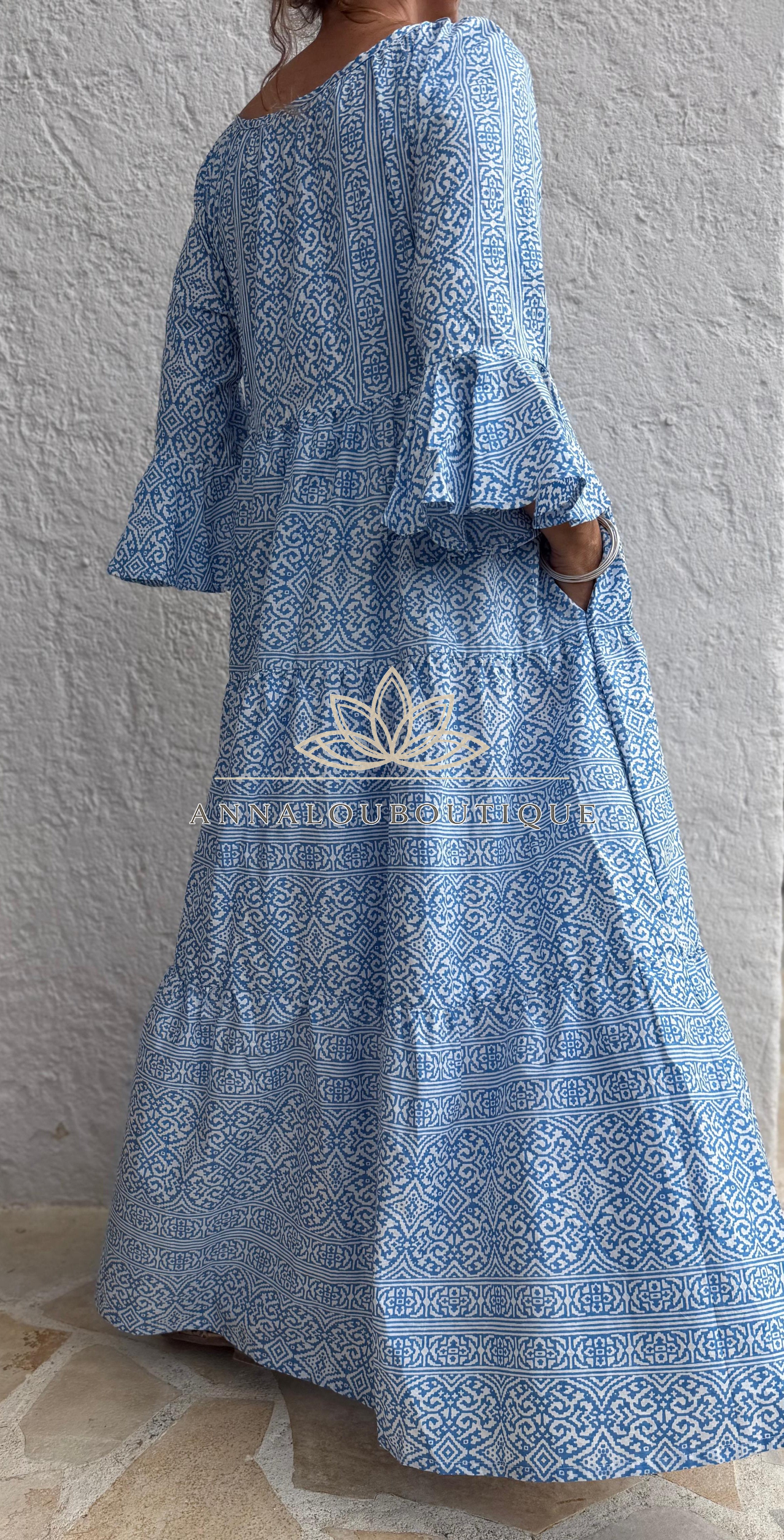 Boheme Chic Cotton Maxi Dress – Blue & White Geometric Ruffled Summer Dress Annalou Design