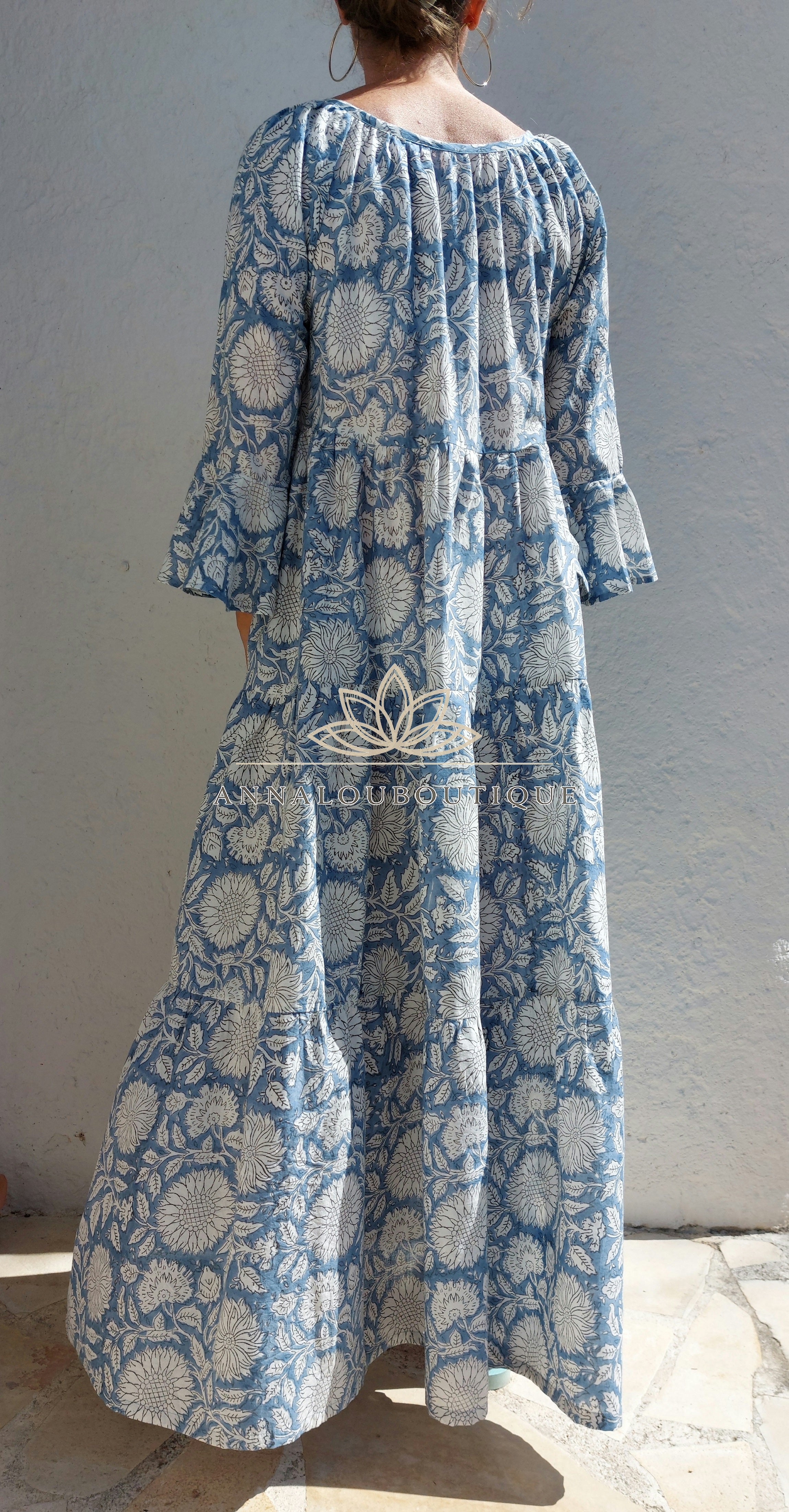 Boheme Chic Cotton Maxi Dress – Blue Grey Summer Dress with Ruffled Sleeves Annalou Design