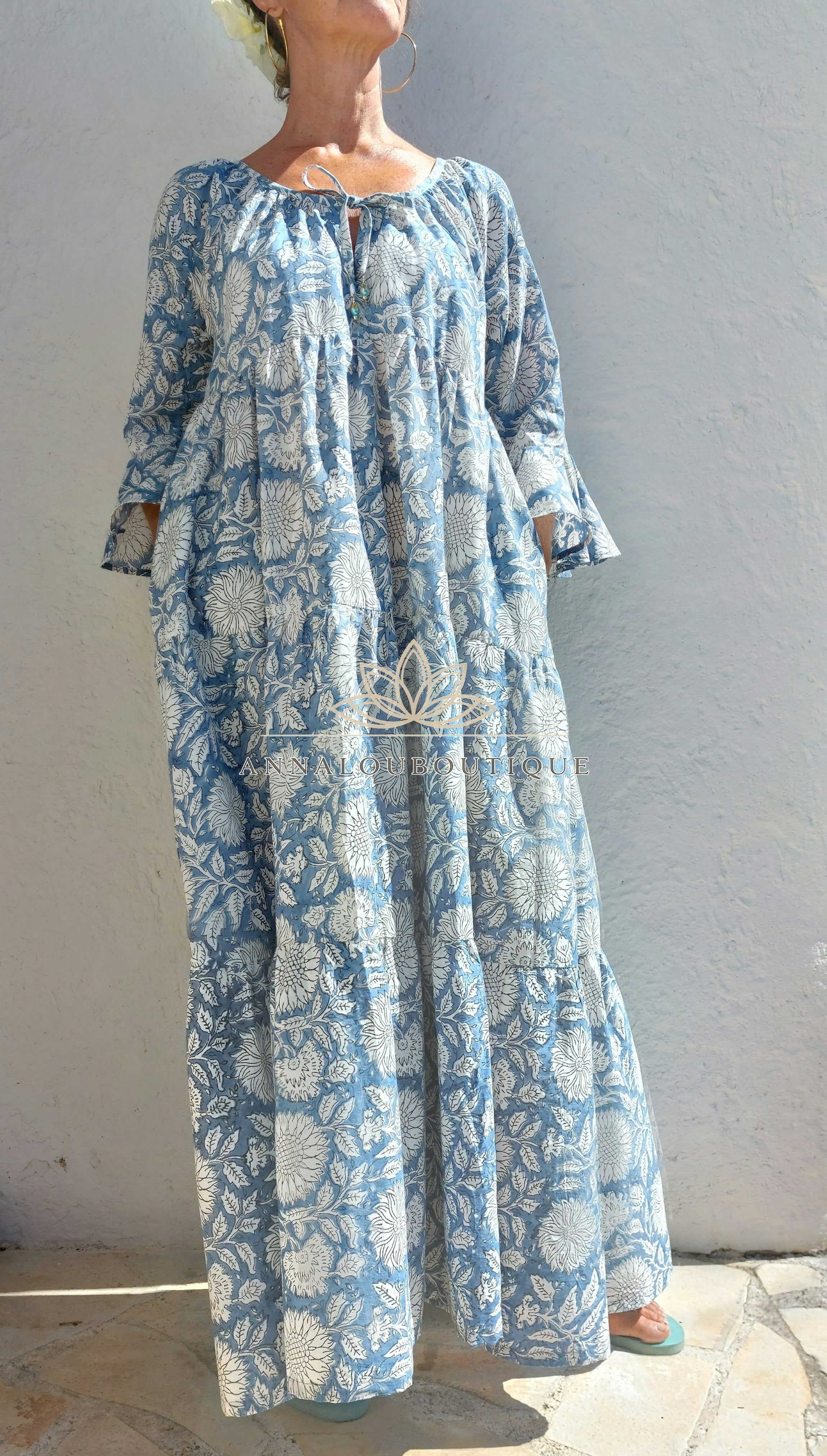 Boheme Chic Cotton Maxi Dress – Blue Grey Summer Dress with Ruffled Sleeves Annalou Design