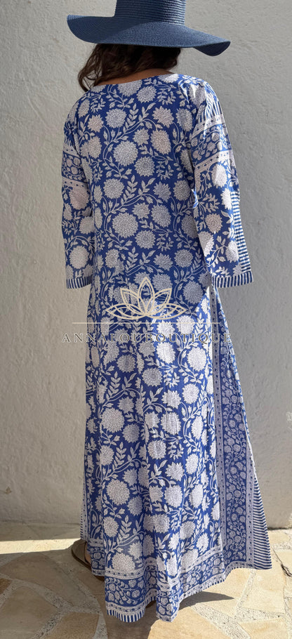 Long navy floral cotton kaftan