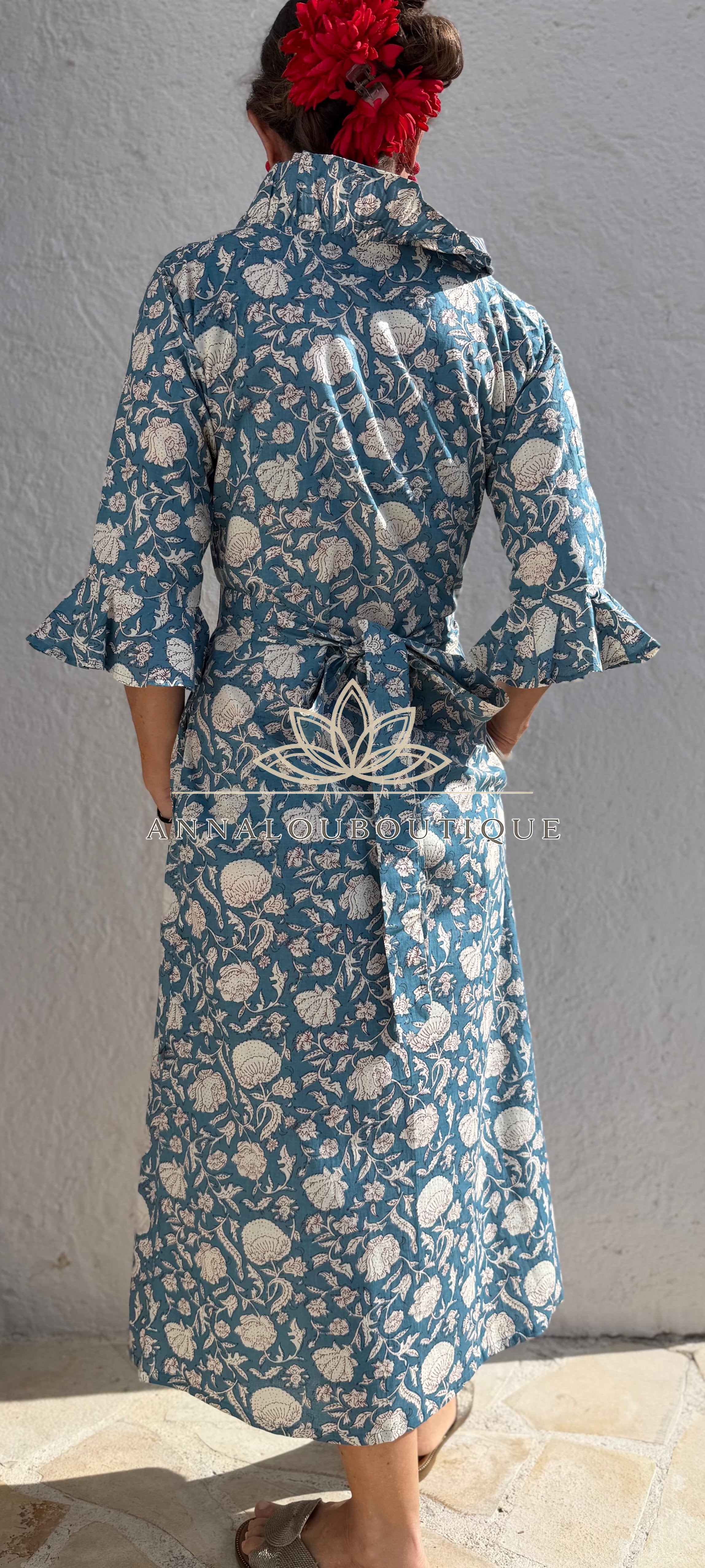 Long Floral Wrap Dress – Blue Grey Boho Chic Maxi Dress, Flowy Cotton Summer Resort Wear Annalou Design