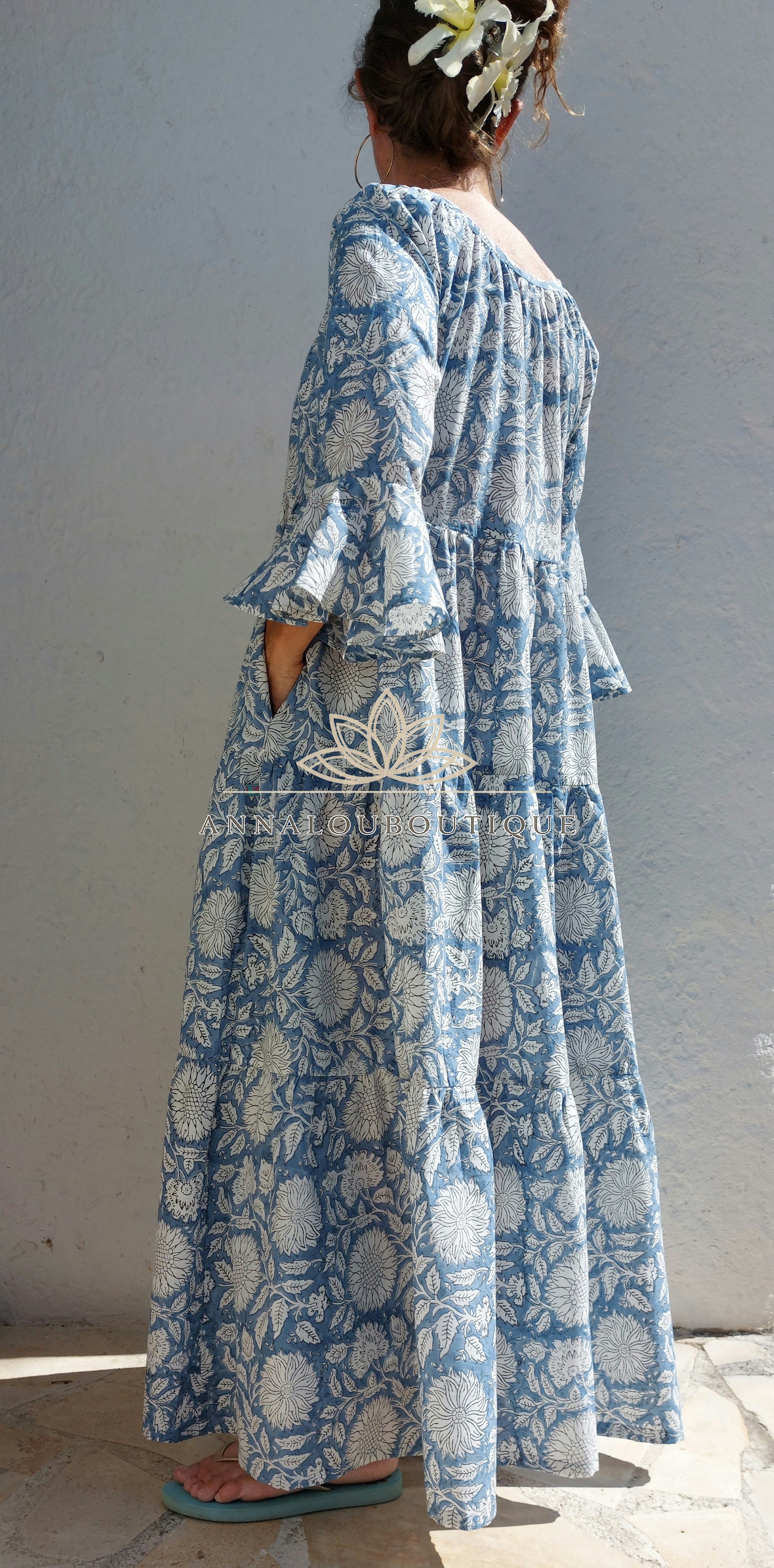 Boheme Chic Cotton Maxi Dress – Blue Grey Summer Dress with Ruffled Sleeves Annalou Design
