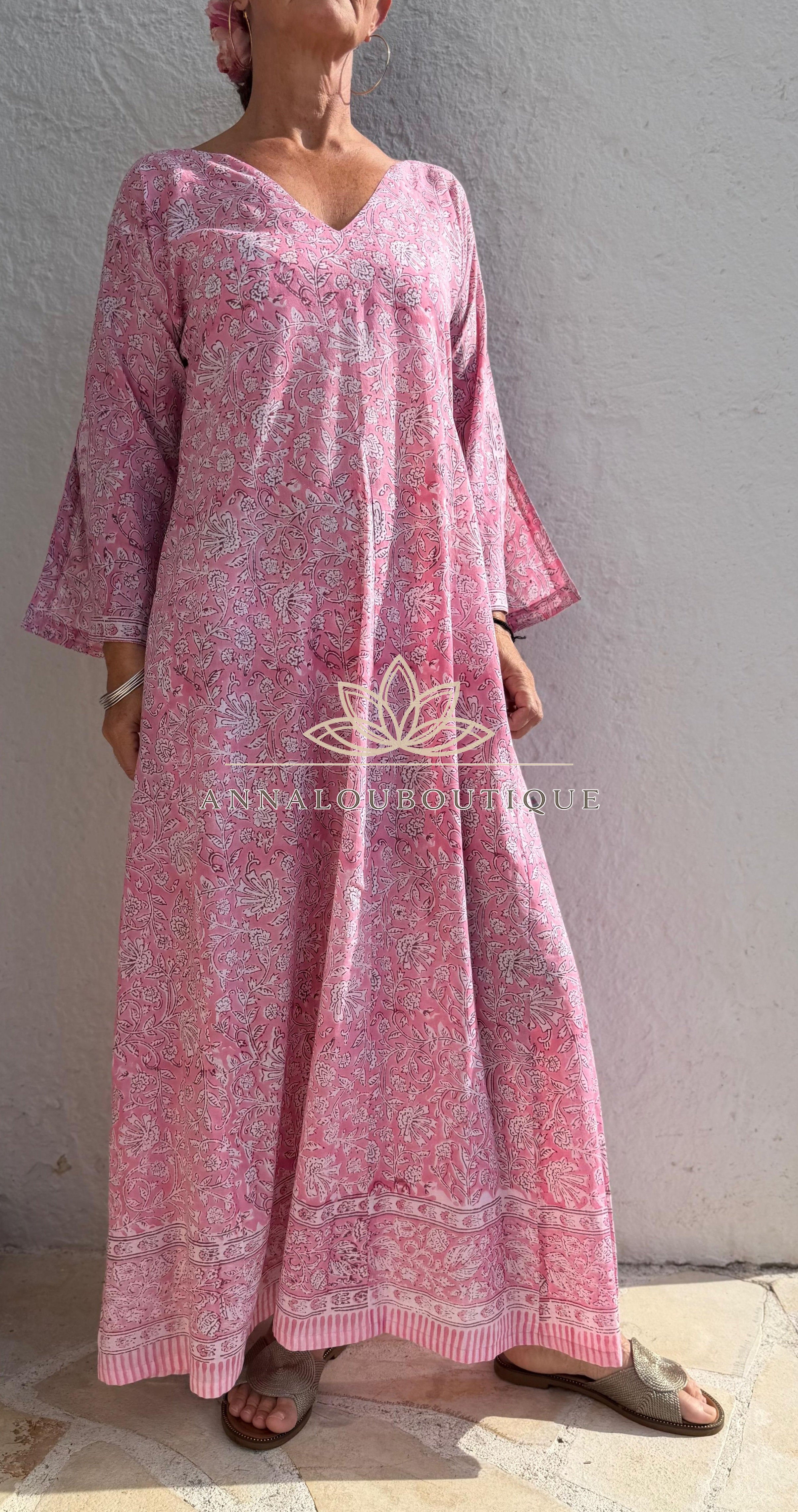 Long Soft Cotton Kaftan – Pink Floral Boho Summer Dress, Flowy Beach Resort Wear Annalou Design