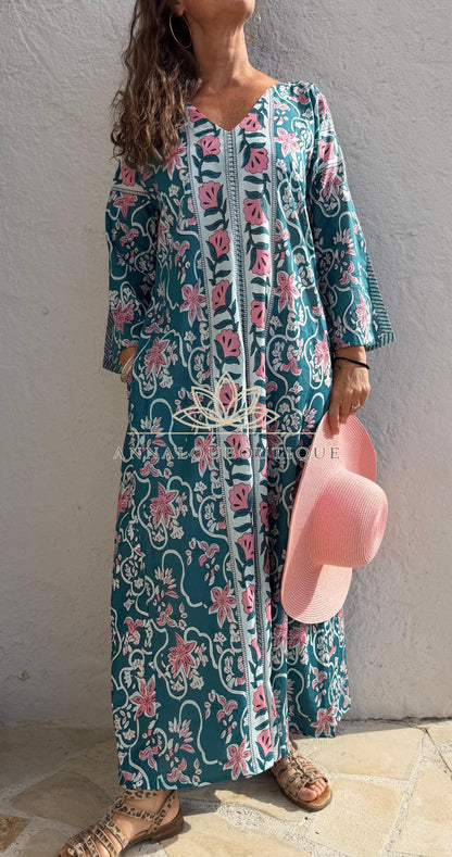 Long flared cotton kaftan in teal and pink